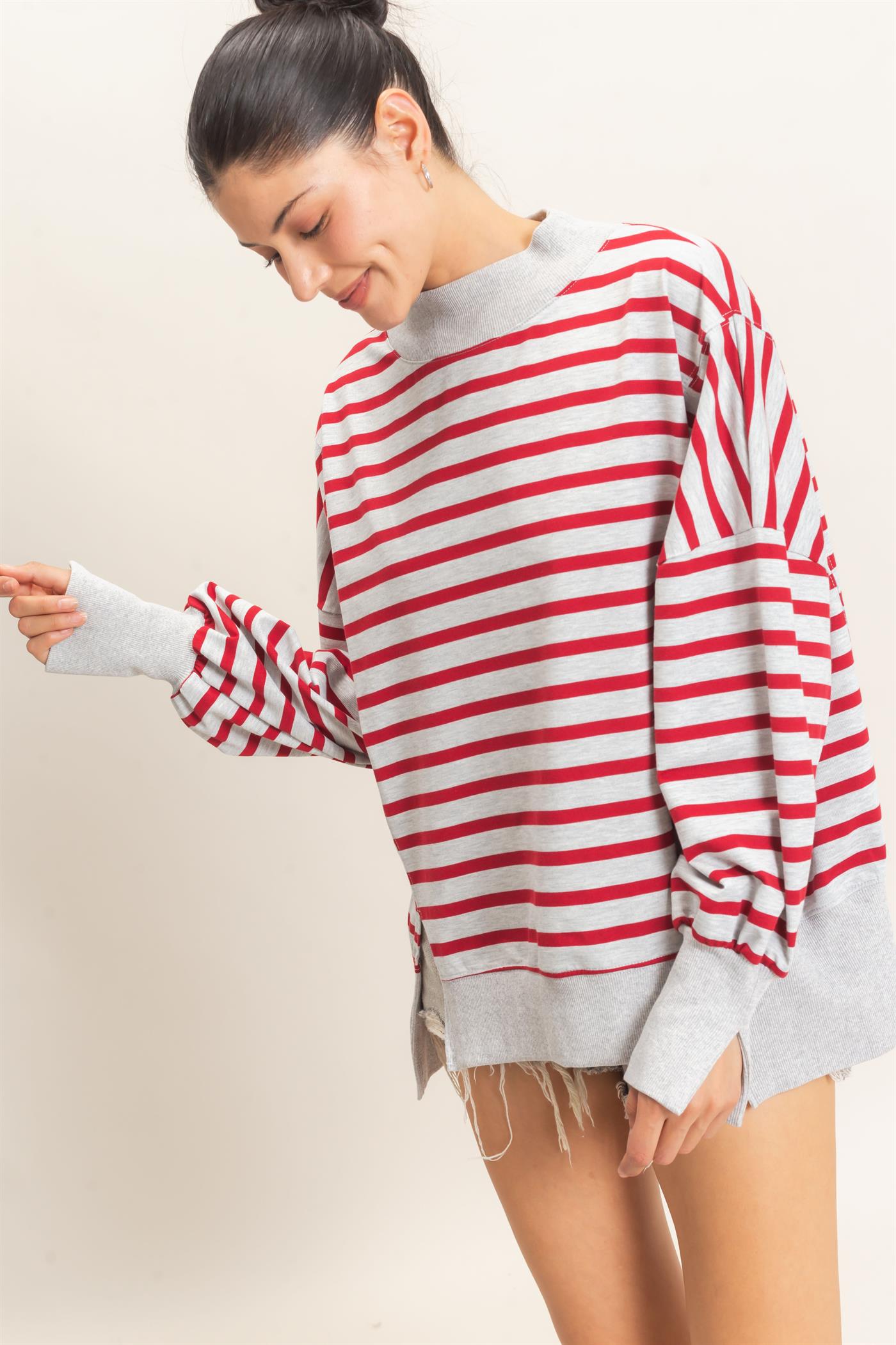 Wholesale Striped Mock Neck Sweatshirt Sweatshirts HF27A178-D H.GRAY/RED HYFVE