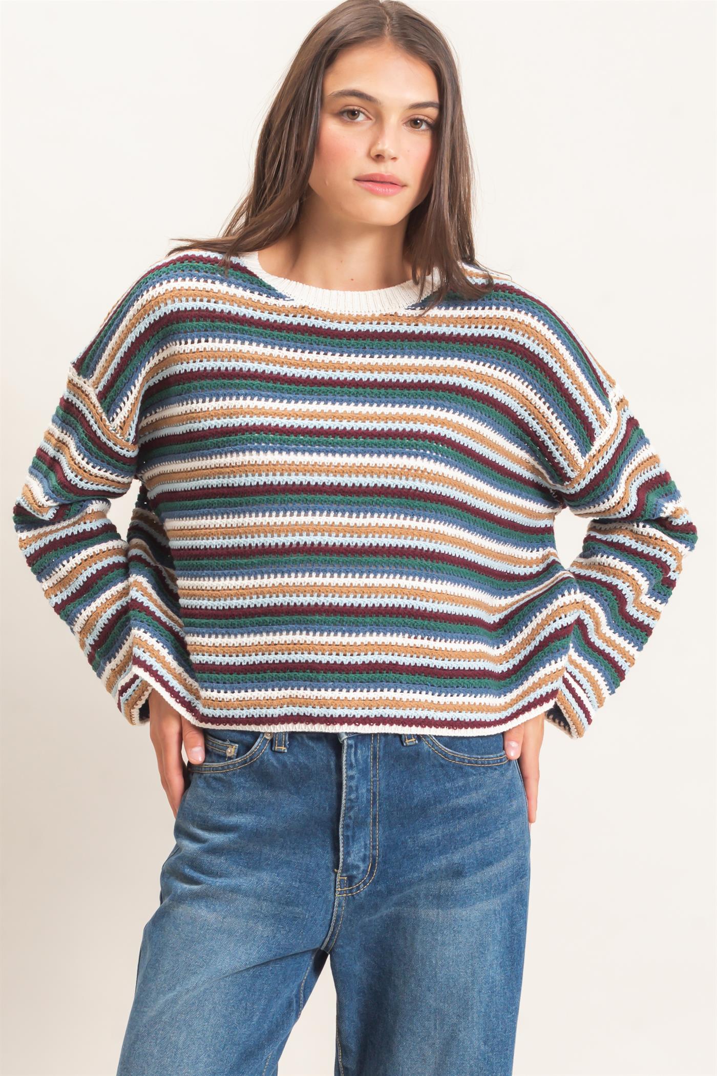 Wholesale Striped Boat Neck Sweater Sweaters HF26E681 ECRU COMBO HYFVE