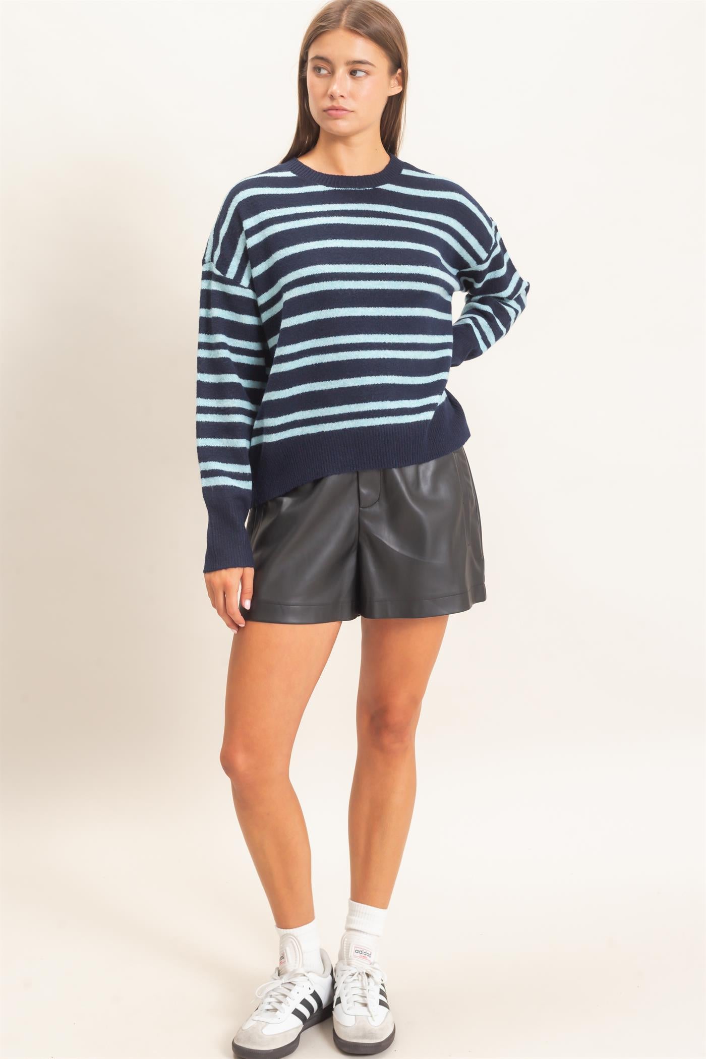 Wholesale Striped Crew Neck Sweater Sweaters DZ26E389 NAVY DOUBLE ZERO
