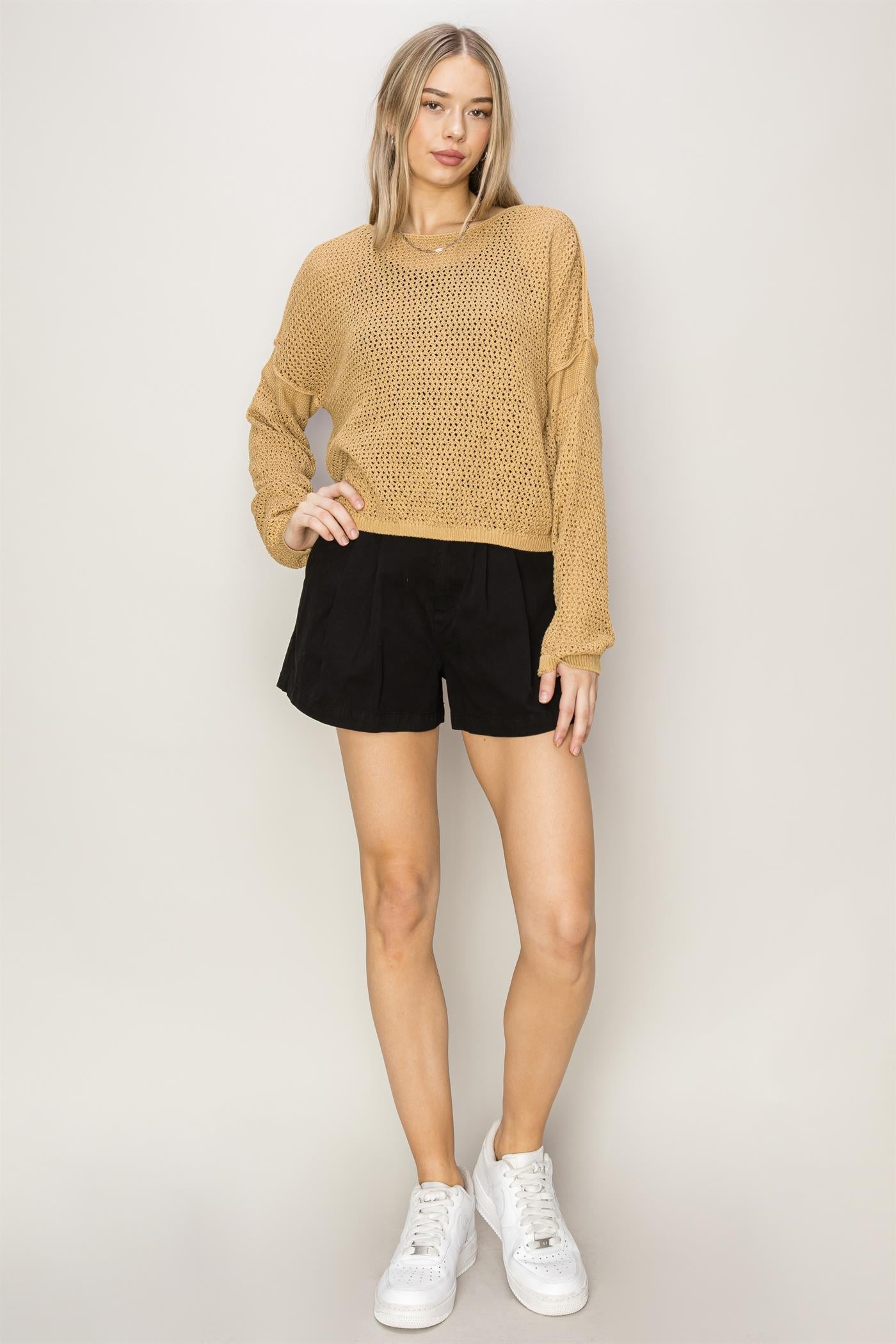 Wholesale Open Knit Drop Shoulder Sweater Clothing Tops DZ24C033 SAND DOUBLE ZERO