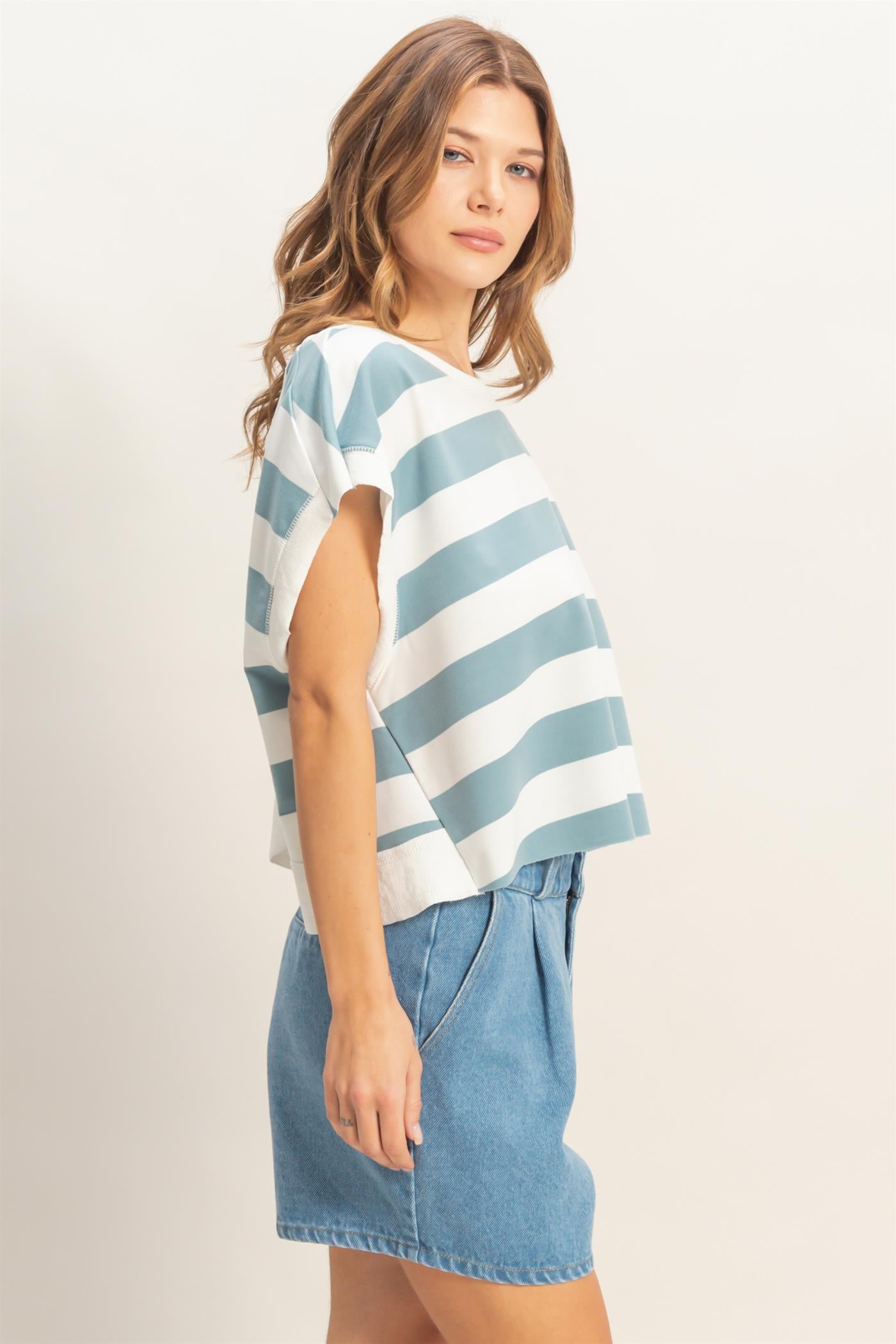 Wholesale Striped Boxy Crew Neck Top Clothing Tops HF26C391 LIGHT BLUE HYFVE