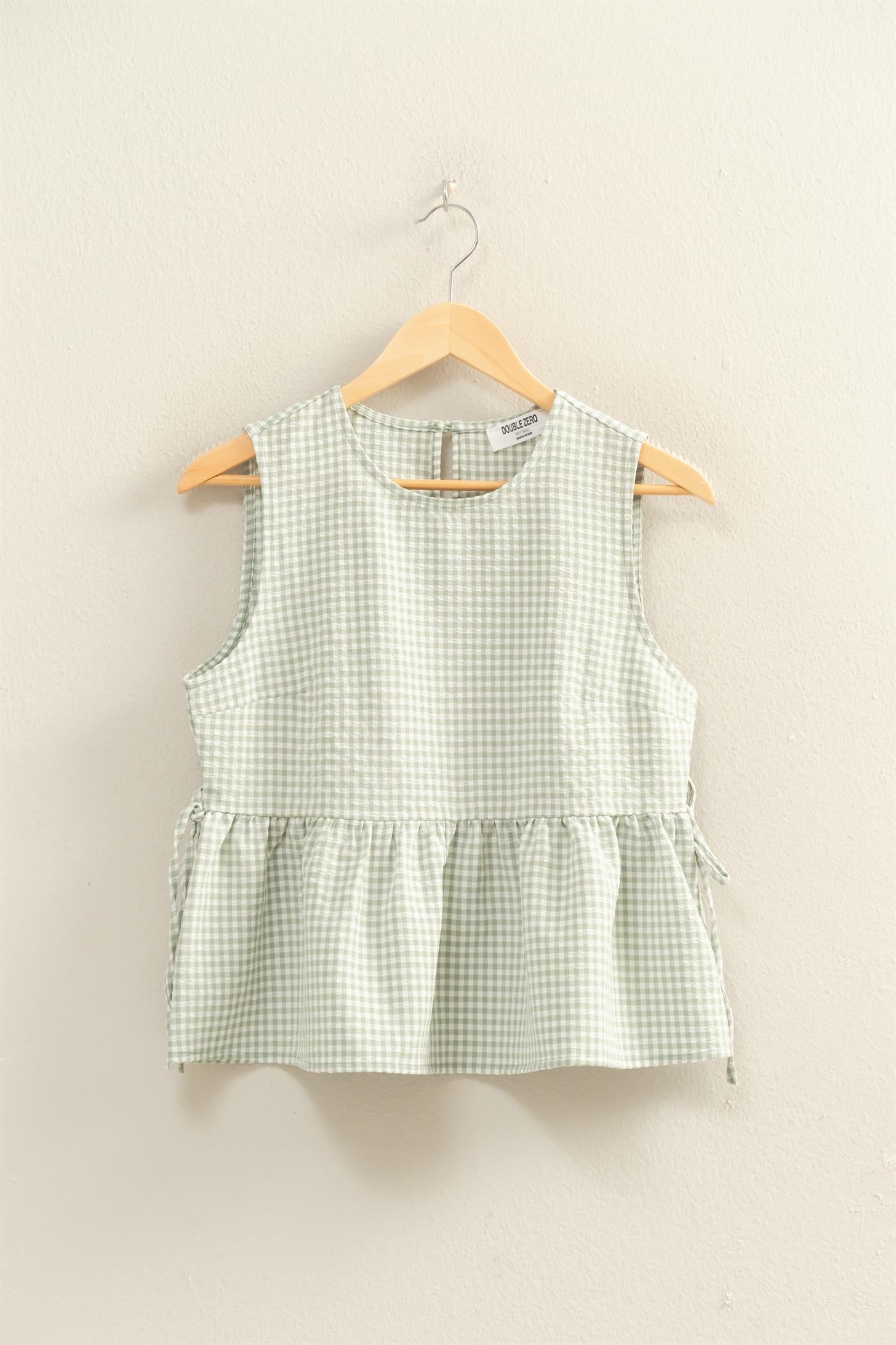 Wholesale Gingham Sleeveless Peplum Top With Side Ties Blouses DZ26C073 SAGE GREEN HYFVE