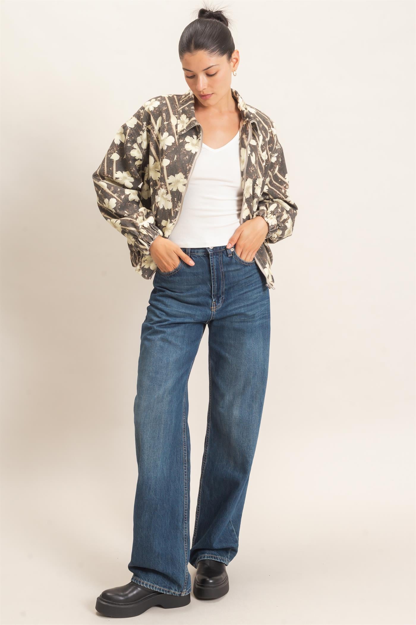 Wholesale Floral Zip-Up Bomber Jacket Bomber Jackets HF26C837 BROWN HYFVE