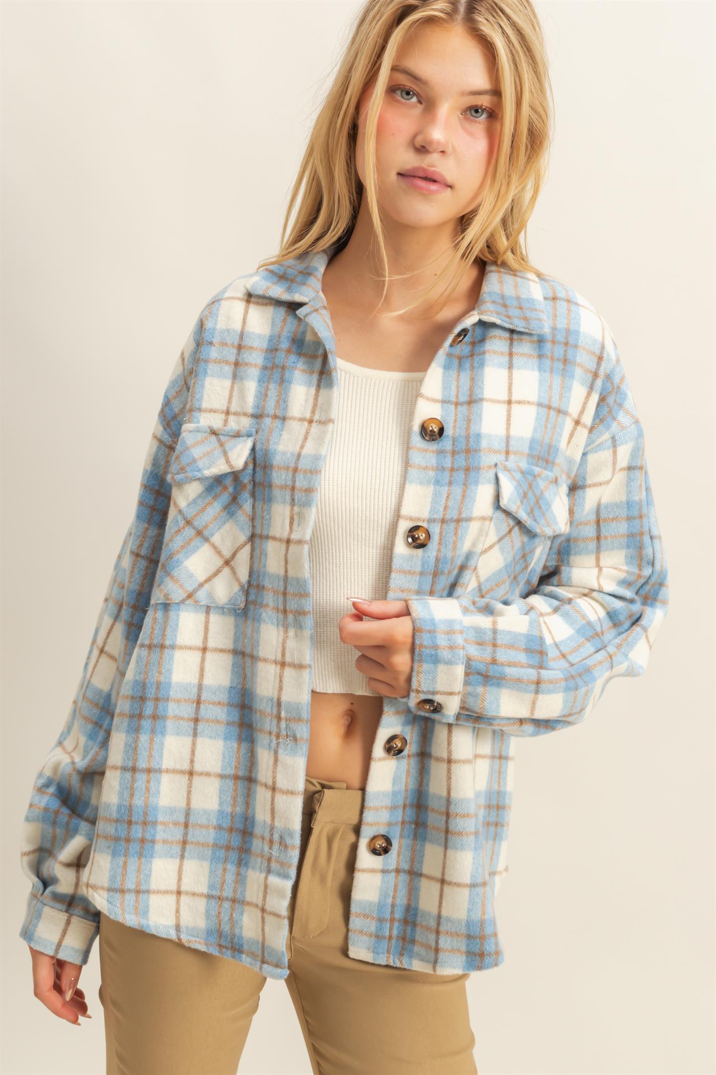 Wholesale Collared Plaid Shacket Shirts HF23G058 BLUE HYFVE
