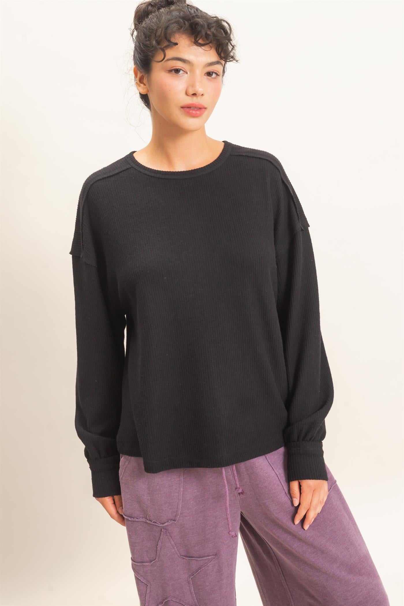 Wholesale Raw Edge Waffle Sweatshirt Sweatshirts DZ26F081 BLACK HYFVE