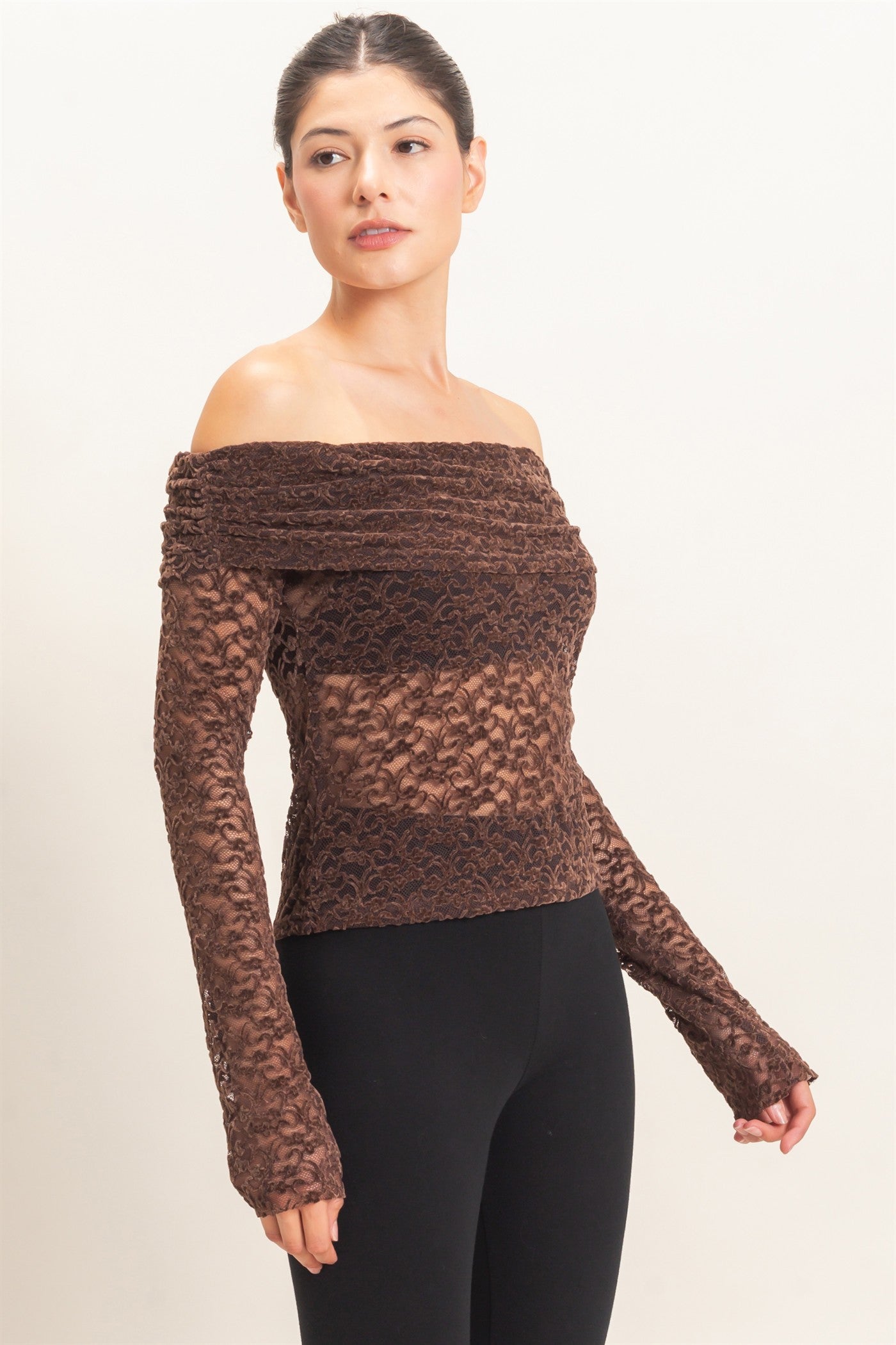 Wholesale Off-Shoulder Lace Top Clothing Tops HF26E407 CHOCOLATE HYFVE