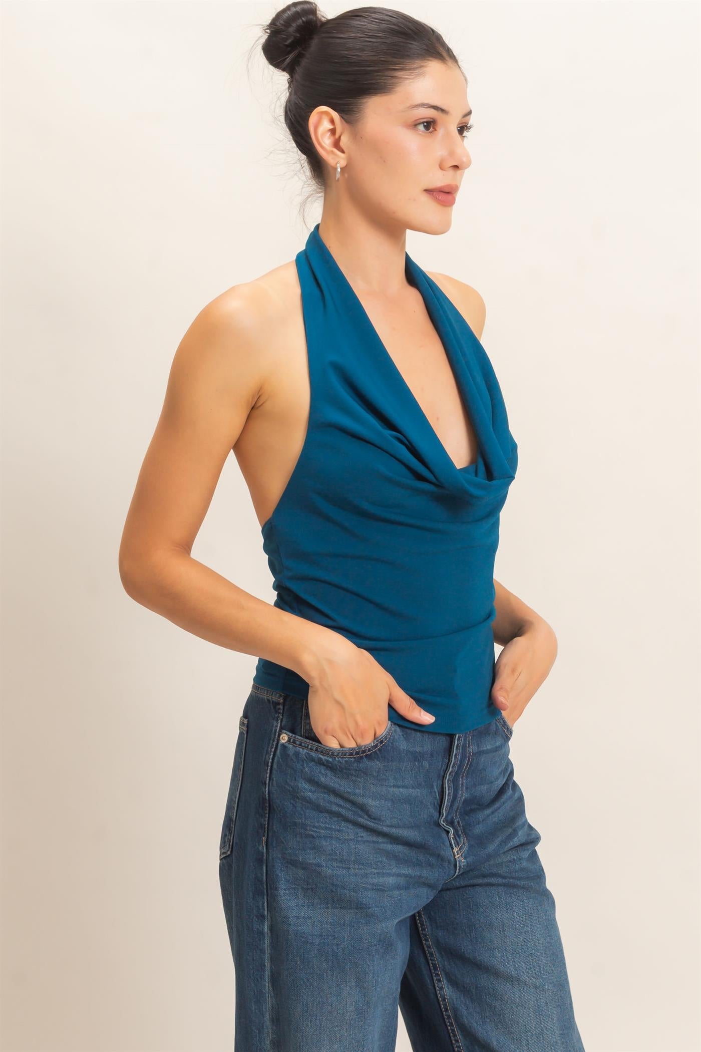Wholesale Cowl Halter Neck Top Clothing Tops HF26E408 TEAL HYFVE