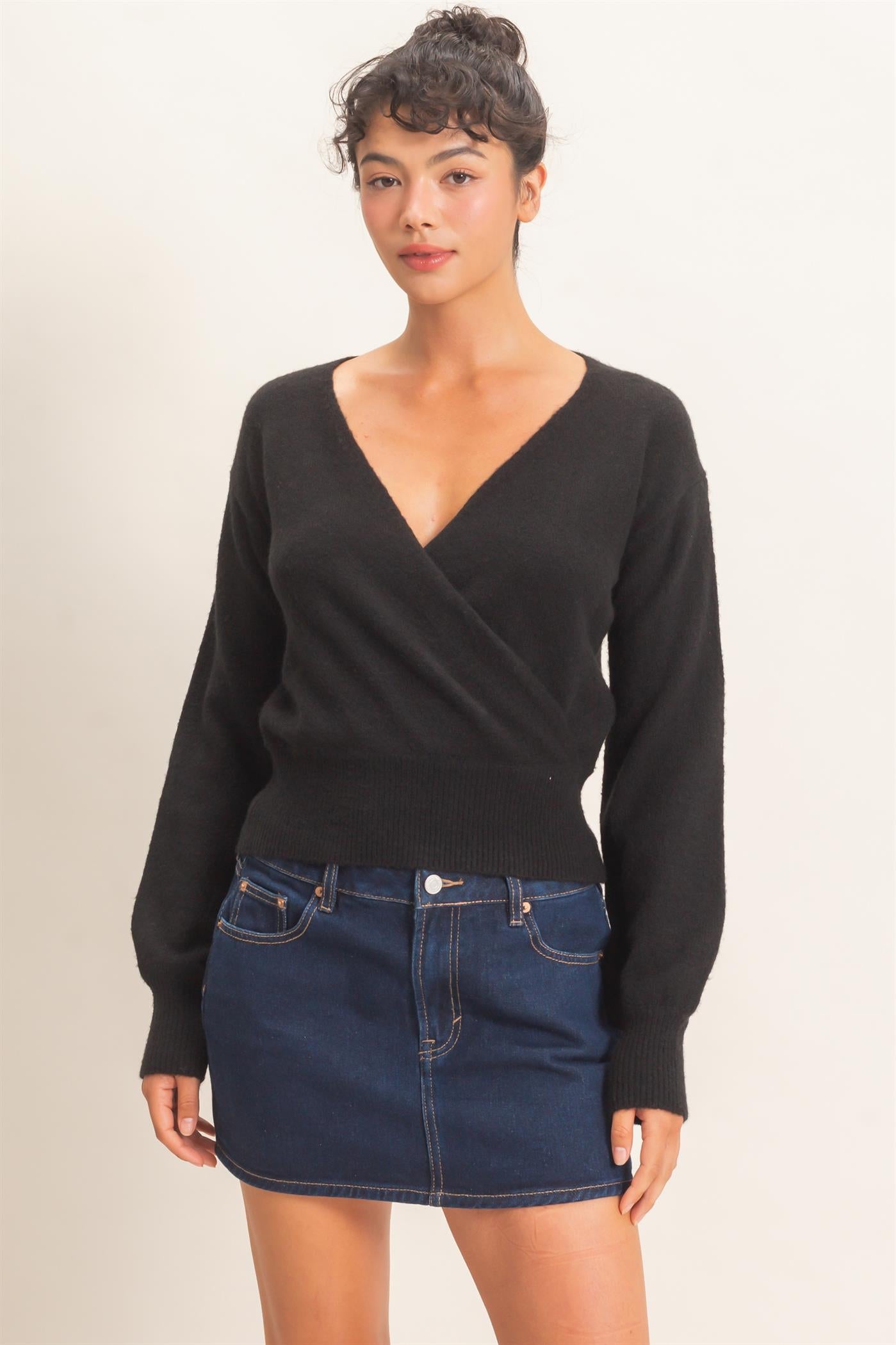Wholesale Wrap V Neck Sweater Sweaters DZ26E948 BLACK DOUBLE ZERO