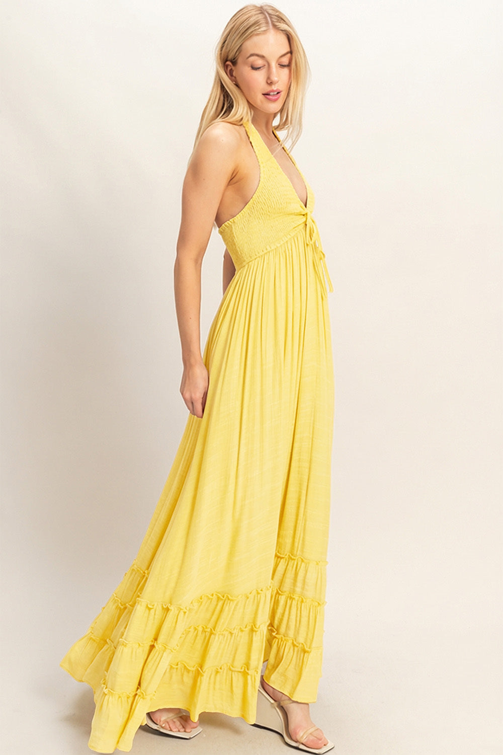 Wholesale Halter Neck Smocked Maxi Dress Dresses HF26C287-D LIGHT YELLOW HYFVE