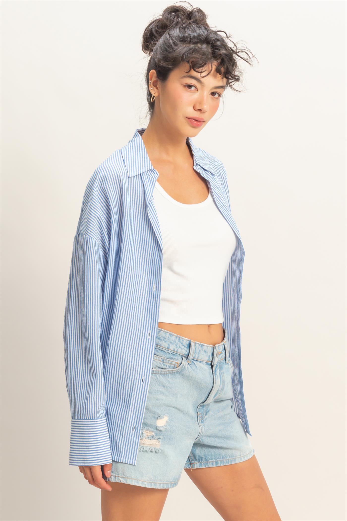 Wholesale Striped Button-Up Shirt Shirts DZ26A737 BLUE DOUBLE ZERO