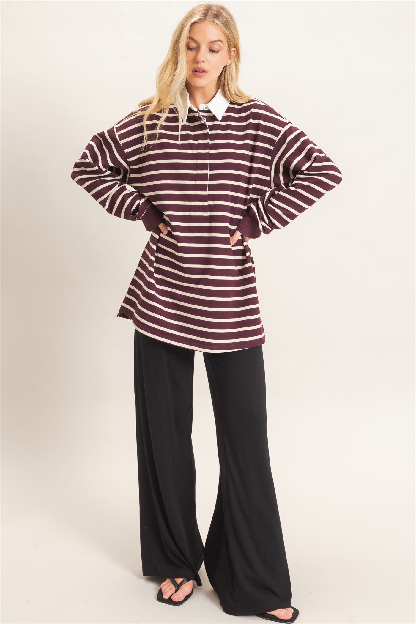 Wholesale Striped Polo Long Sleeve Top Clothing Tops HF26F078 RASPBERRY/ECRU HYFVE