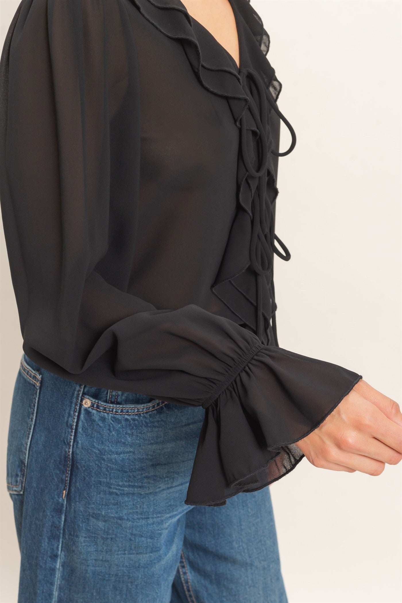 Wholesale Ruffled V-Neck Blouse Blouses HF26F066 BLACK HYFVE