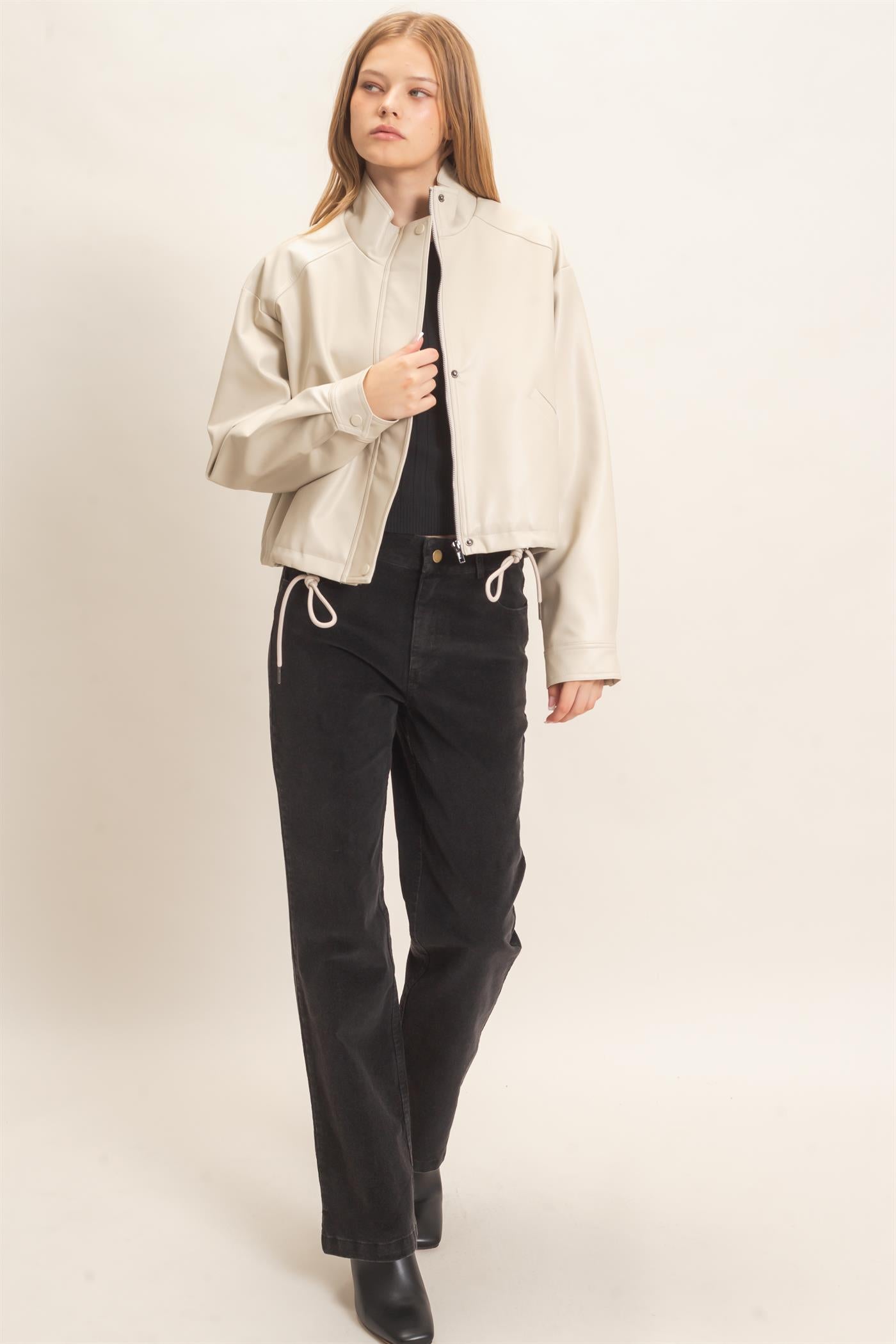 Wholesale Faux Leather Jacket With Stand Collar Bomber Jackets HF25F452 OATMEAL HYFVE