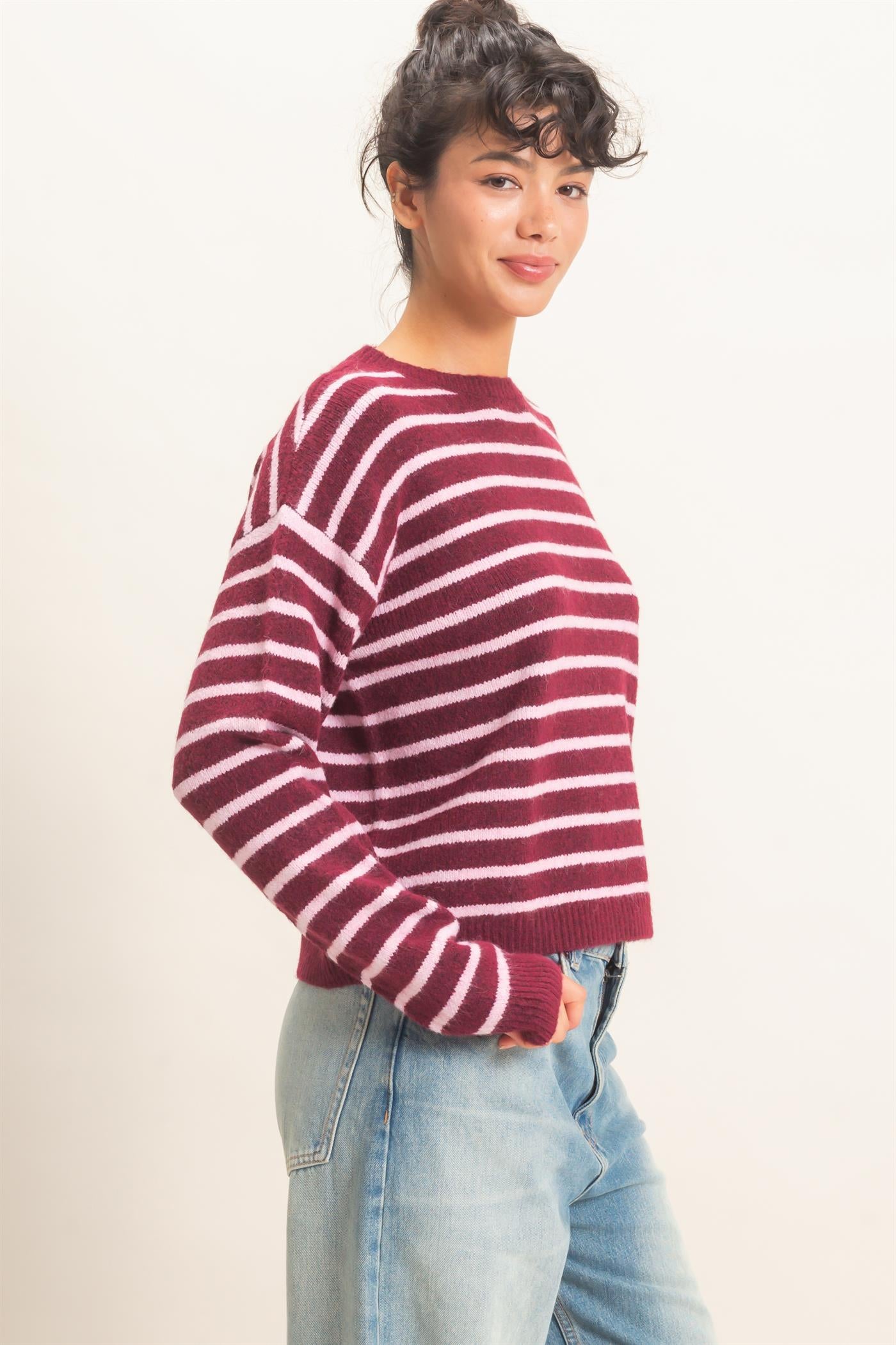 Wholesale Striped Crew Neck Sweater Sweaters DZ26C612 DARK CHERRY DOUBLE ZERO