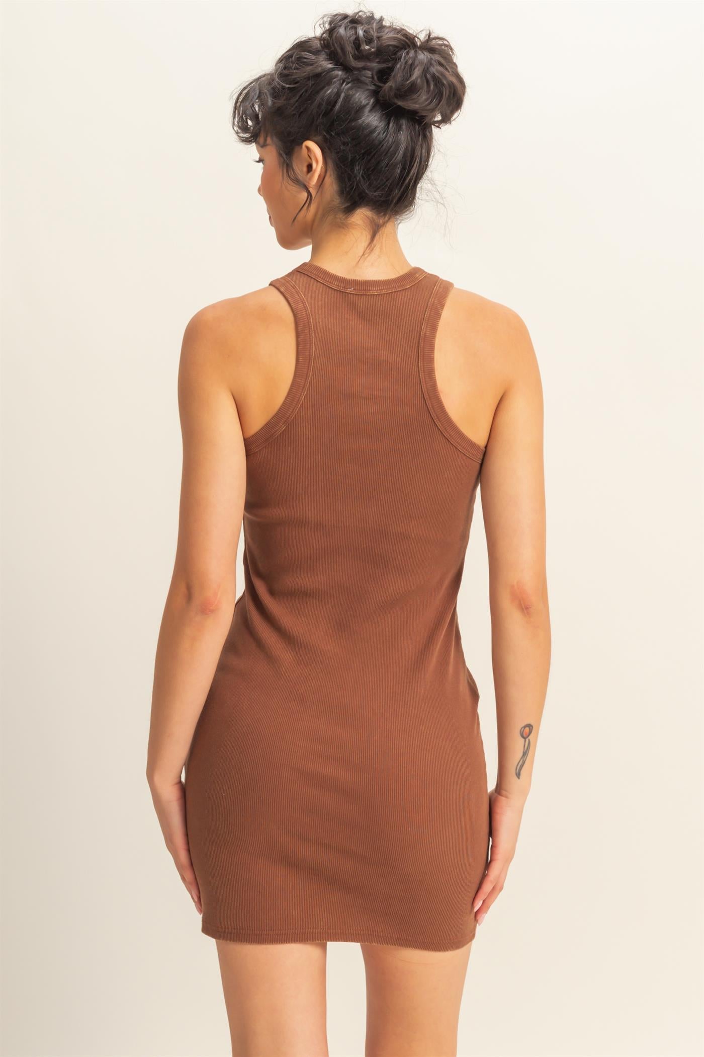 Wholesale Acid Washed Ribbed Mini Dress Dresses DZ25E297 CHESTNUT DOUBLE ZERO