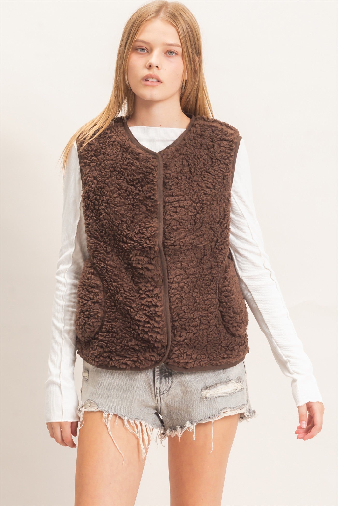 Wholesale Button Front Sherpa Vest With Patch Pockets Vests HF27A010 DARK BROWN HYFVE