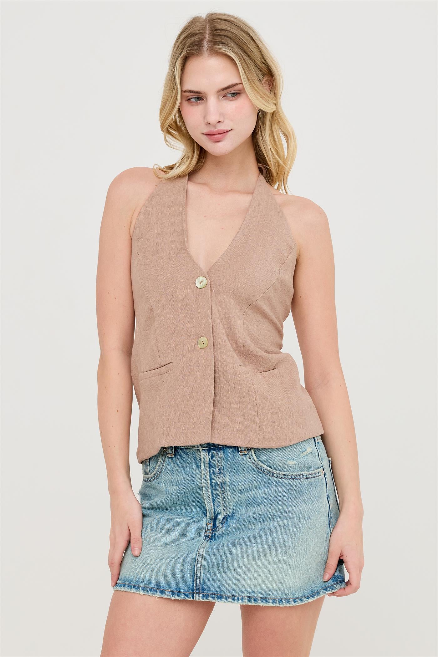 Wholesale Button Front Halter Top Clothing Tops HF26C130 LIGHT BROWN HYFVE