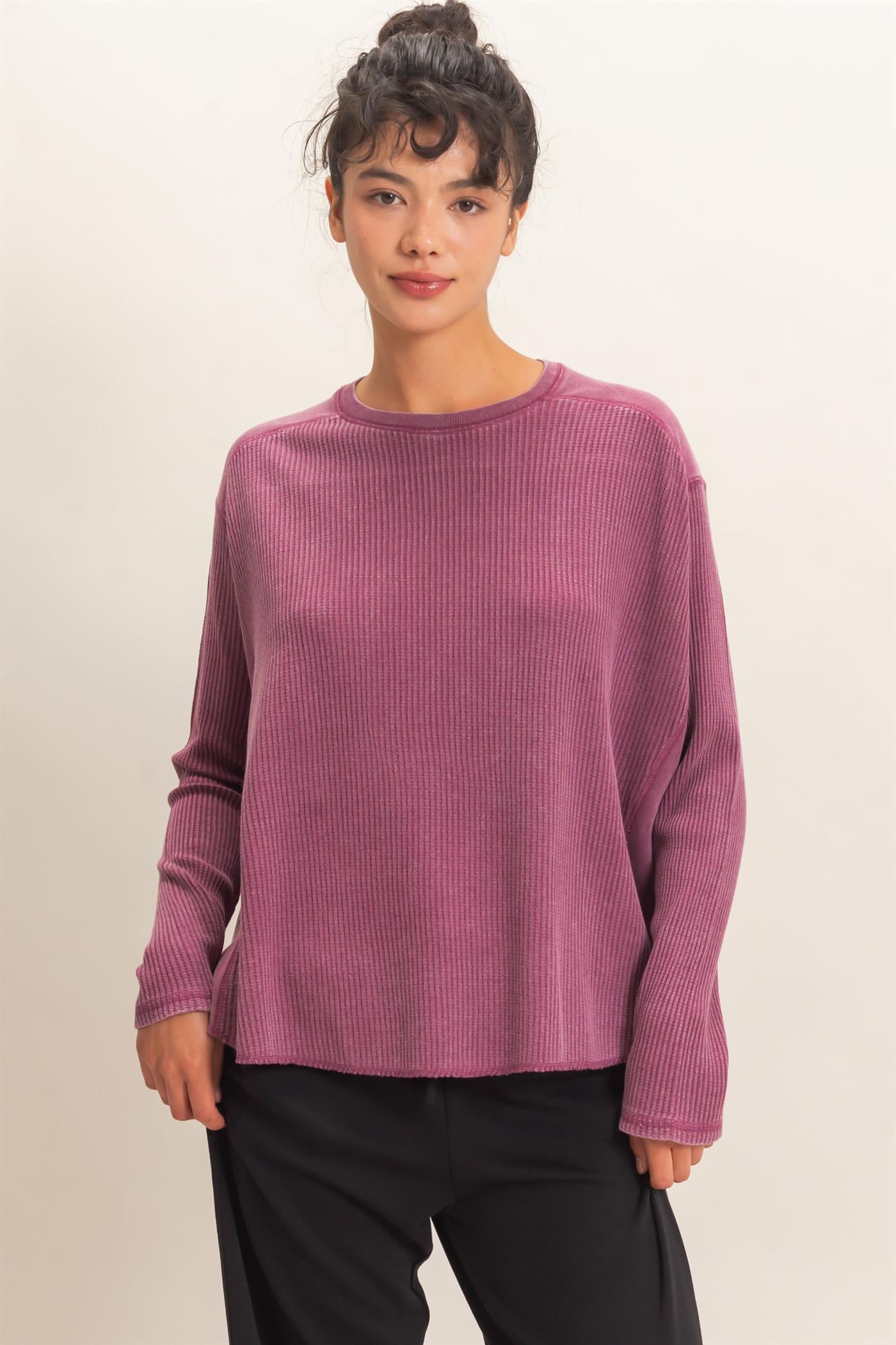 Wholesale Oversized Mineral Washed Waffle Knit Top Clothing Tops DZ26E654 DARK CHERRY DOUBLE ZERO