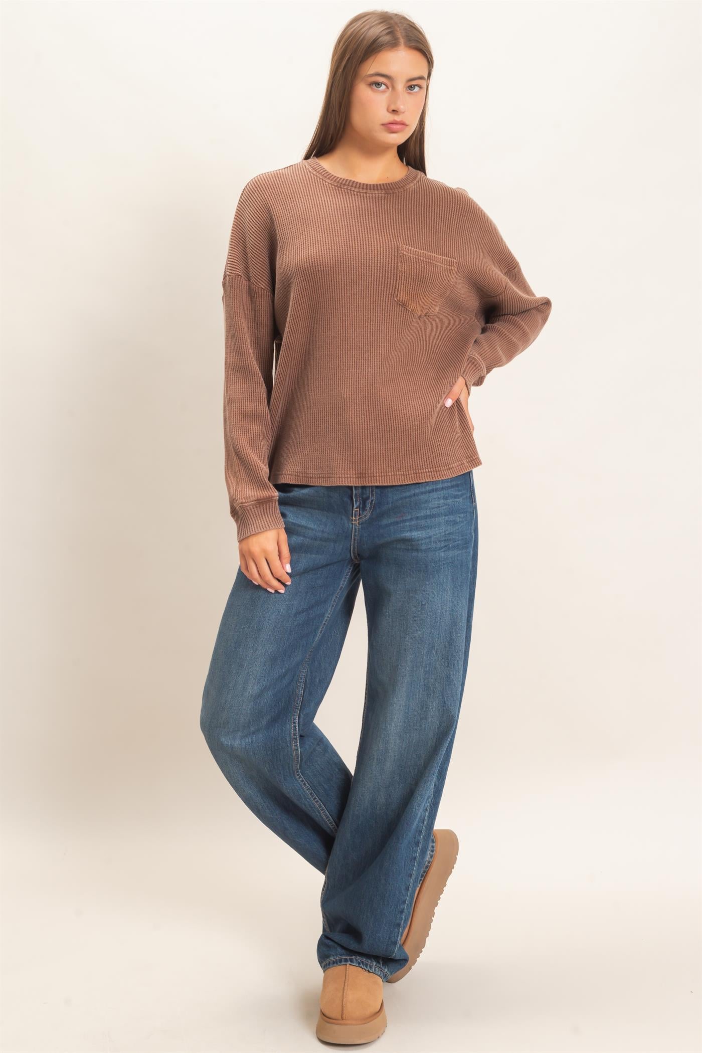 Wholesale Mineral Wash Waffle Long Sleeve Top Clothing Tops DZ26F242 DARK BROWN DOUBLE ZERO