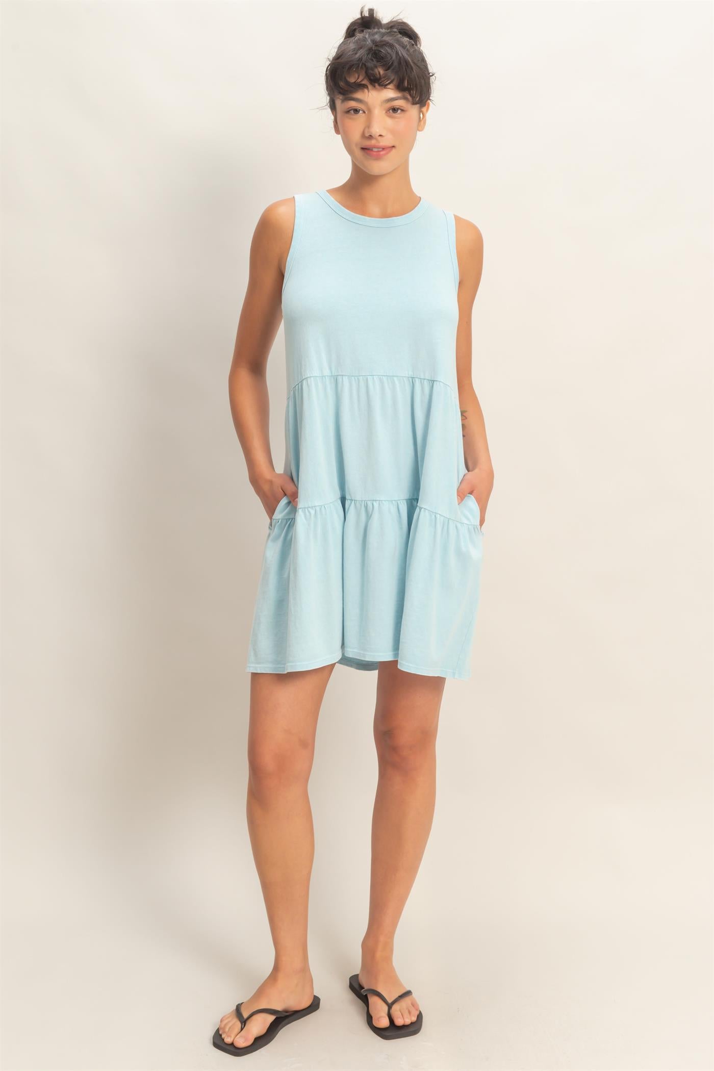 Wholesale Sleeveless Crewneck Tiered Mini Dress Dresses DZ26C208 BLUE DOUBLE ZERO