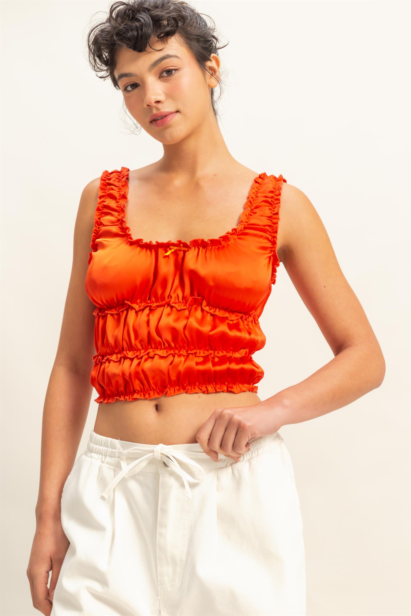 Wholesale Ruched Satin Sleeveless Crop Top Clothing Tops DZ25C172 TOMATO DOUBLE ZERO