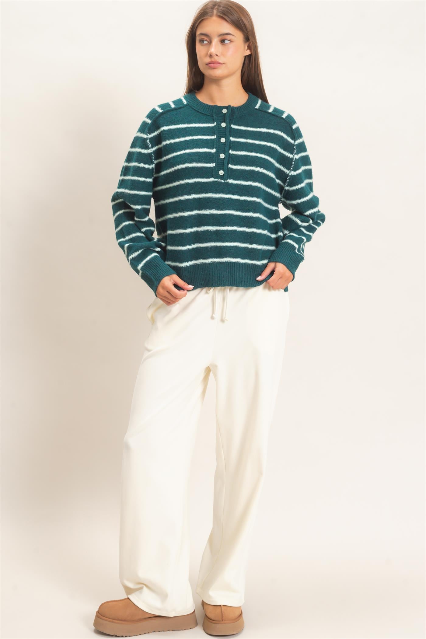 Wholesale Stripe Henley Sweater Sweaters DZ26F002 DARK GREEN DOUBLE ZERO