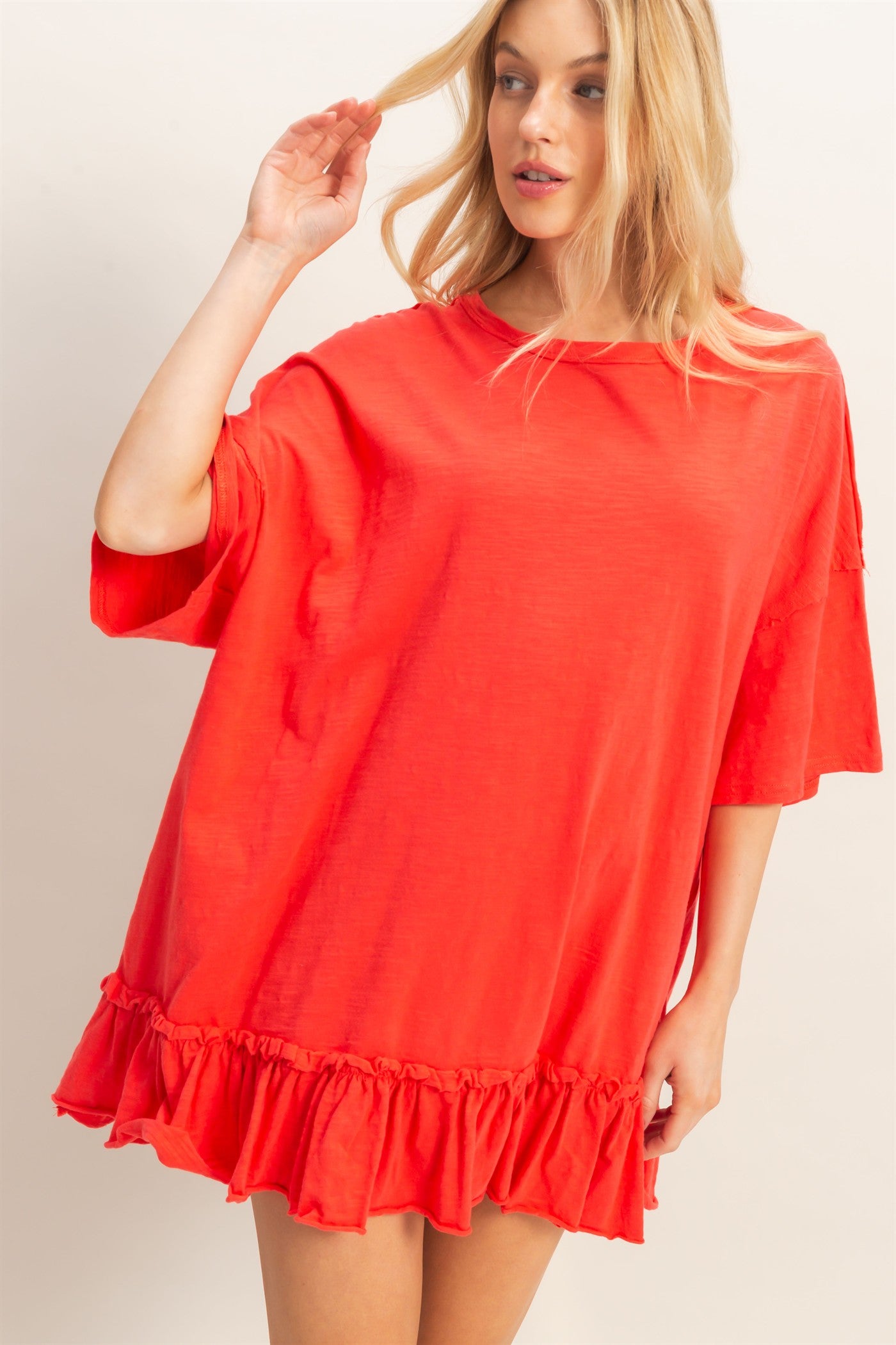 Wholesale Ruffled Hem Oversized Tunic Dresses HF26A785 ORANGE RED HYFVE