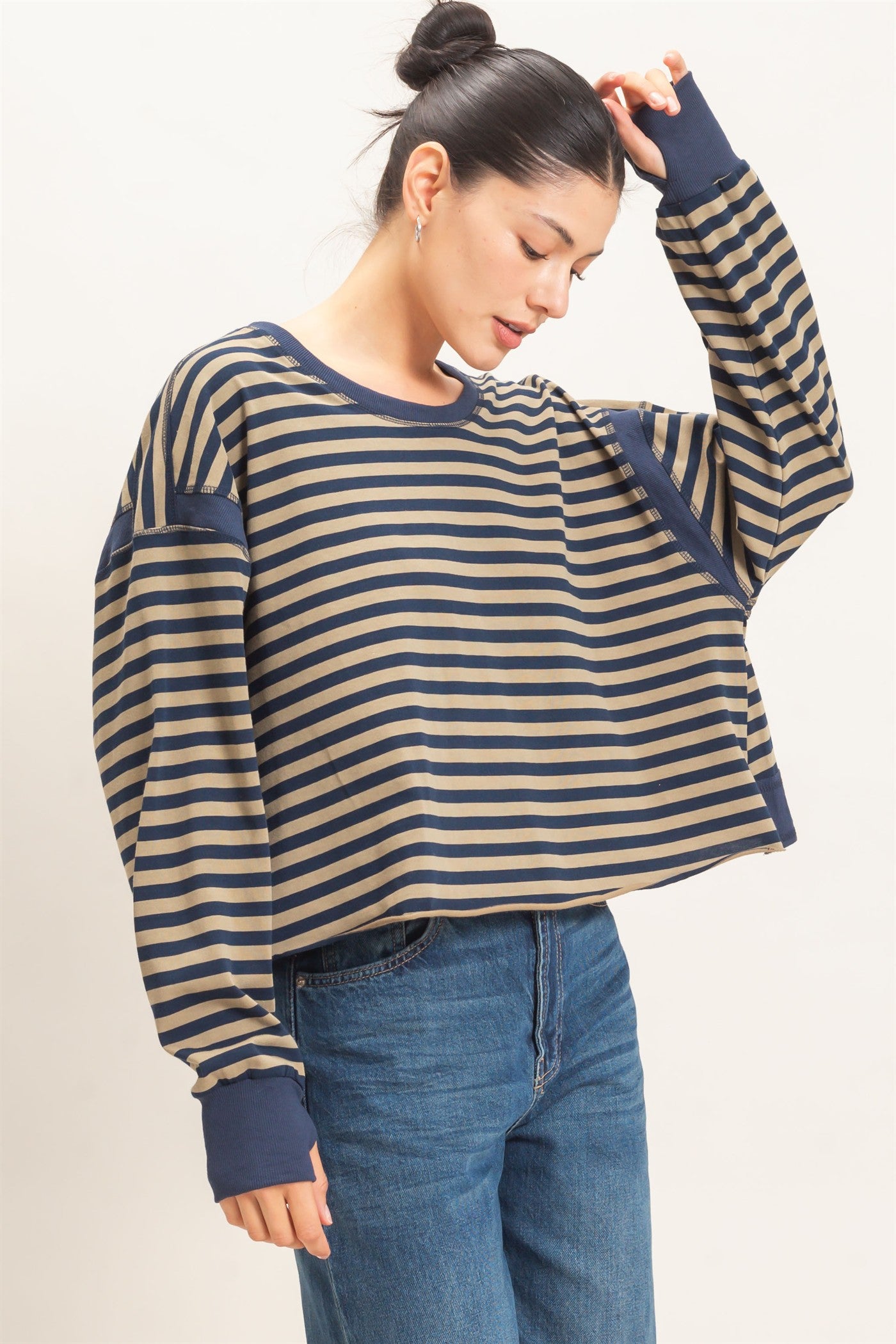 Wholesale Striped Long Sleeve Top Clothing Tops HF26C908-D NAVY HYFVE