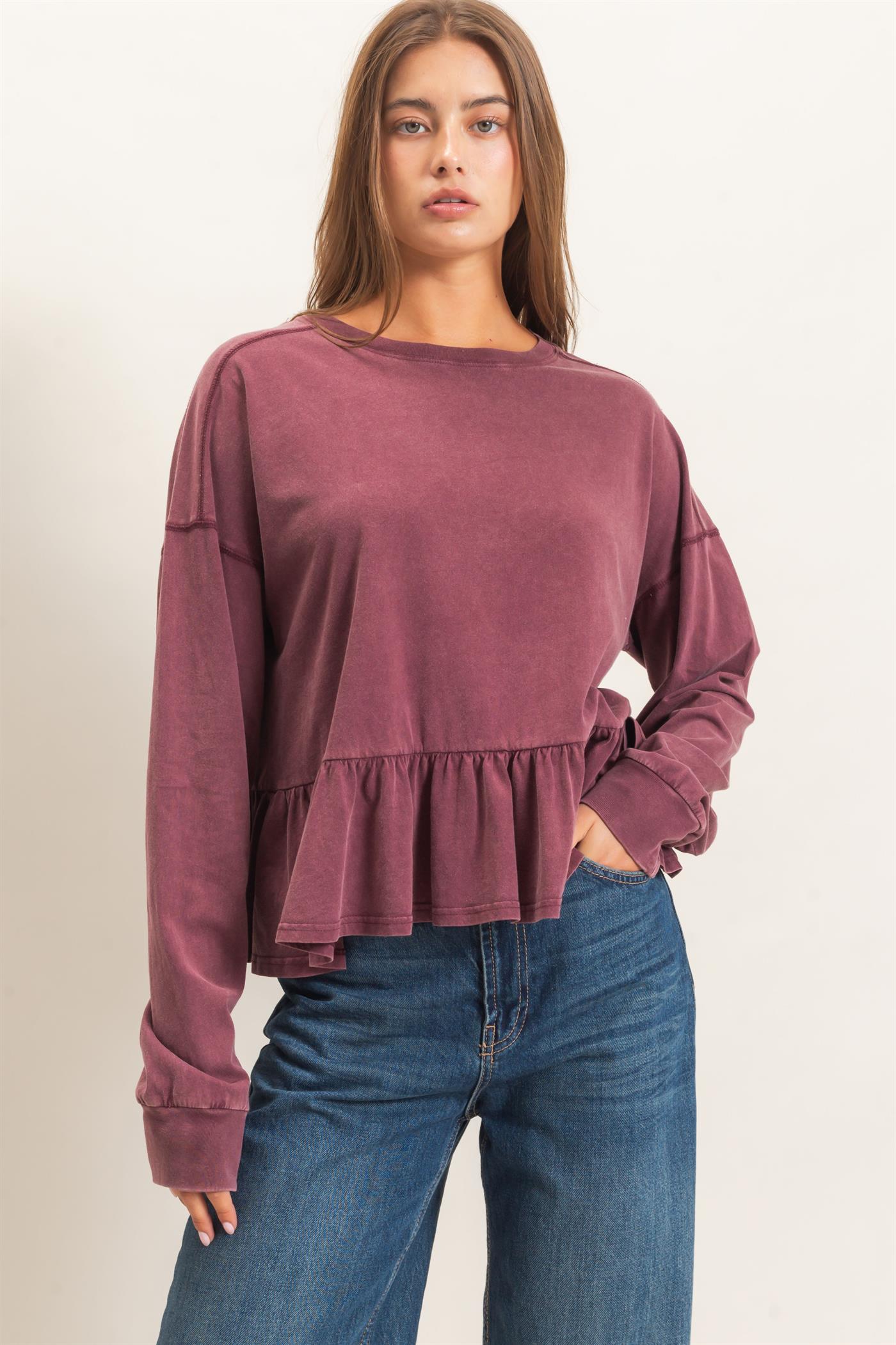 Wholesale Peplum Long Sleeve Top Clothing Tops DZ26F397 DARK CHERRY DOUBLE ZERO