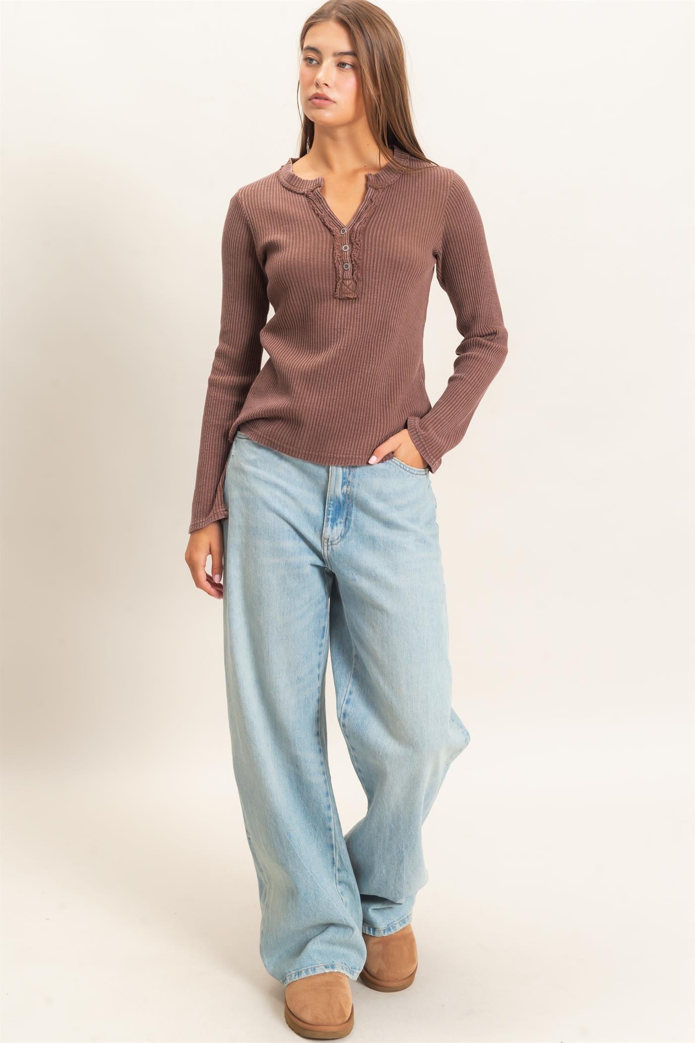 Wholesale Mineral Wash Waffle Henley Long Sleeve Top Clothing Tops DZ26E243 DARK BROWN DOUBLE ZERO