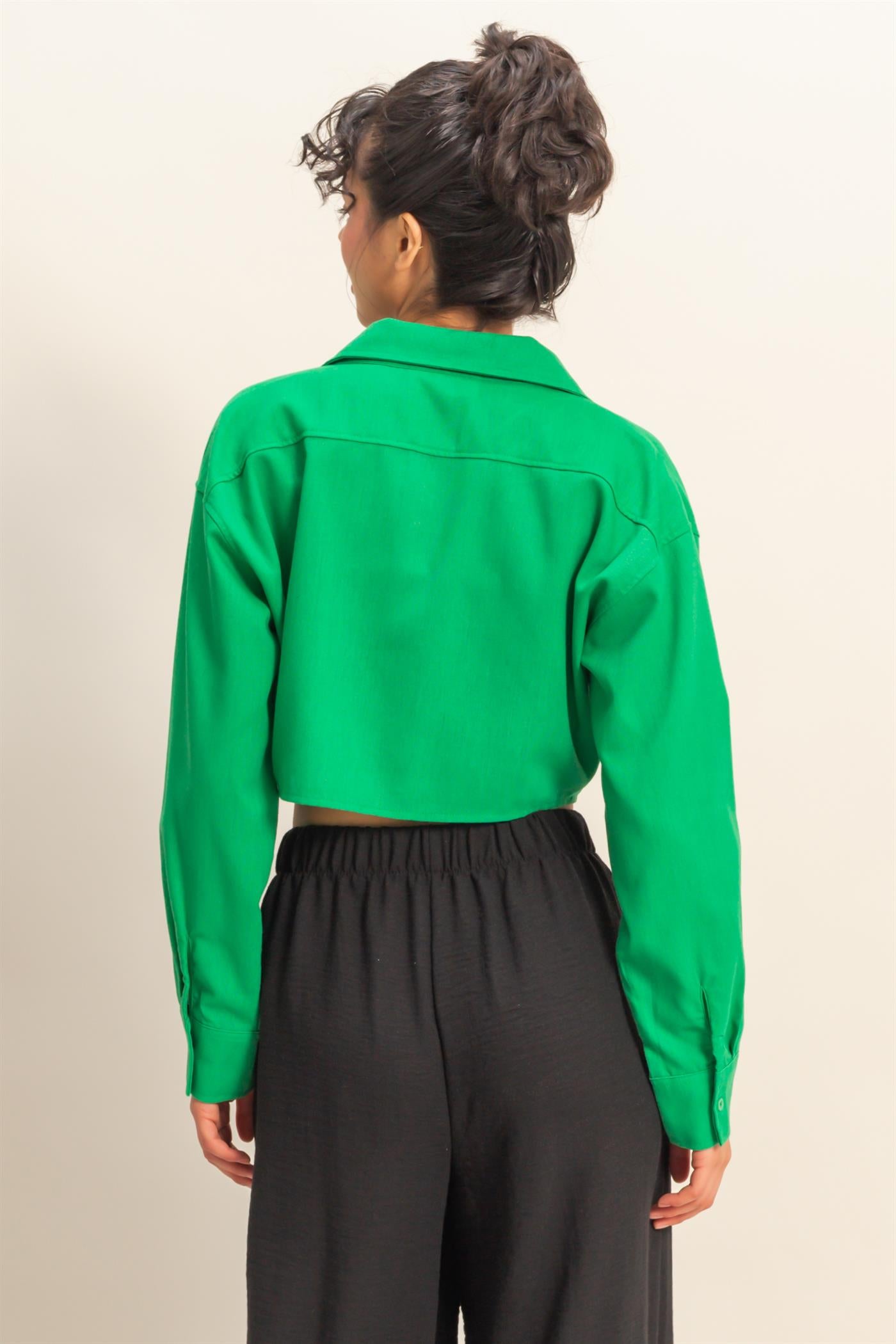 Wholesale Sand Washed Tie Front Crop Top Blouses DZ24C963 GREEN DOUBLE ZERO