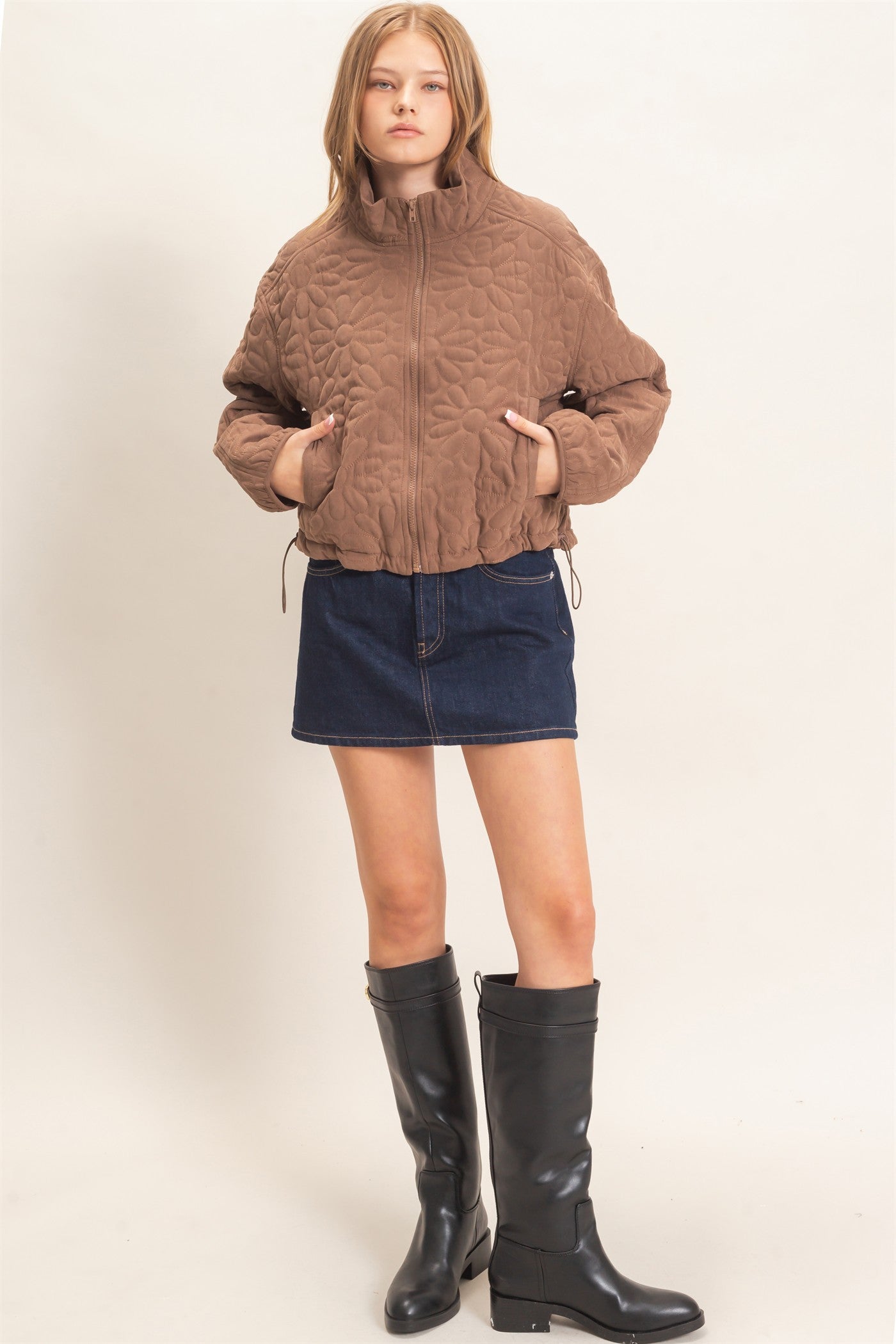 Wholesale Daisy Quilted Mock Neck Jacket Coats & Jackets HF26C821 BROWN HYFVE