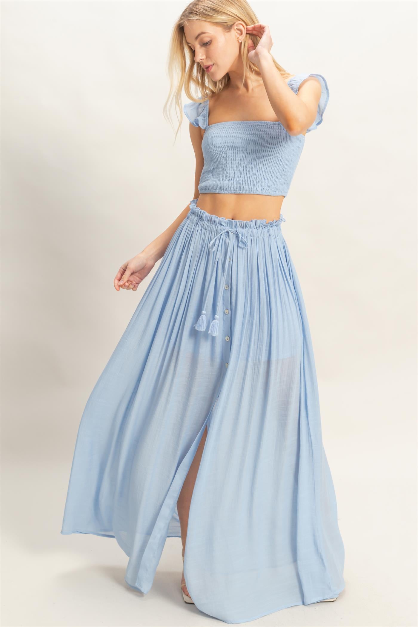 Wholesale Smocked Top & Maxi Skirt Set Clothing HF26C292-SET-D POWDER BLUE HYFVE
