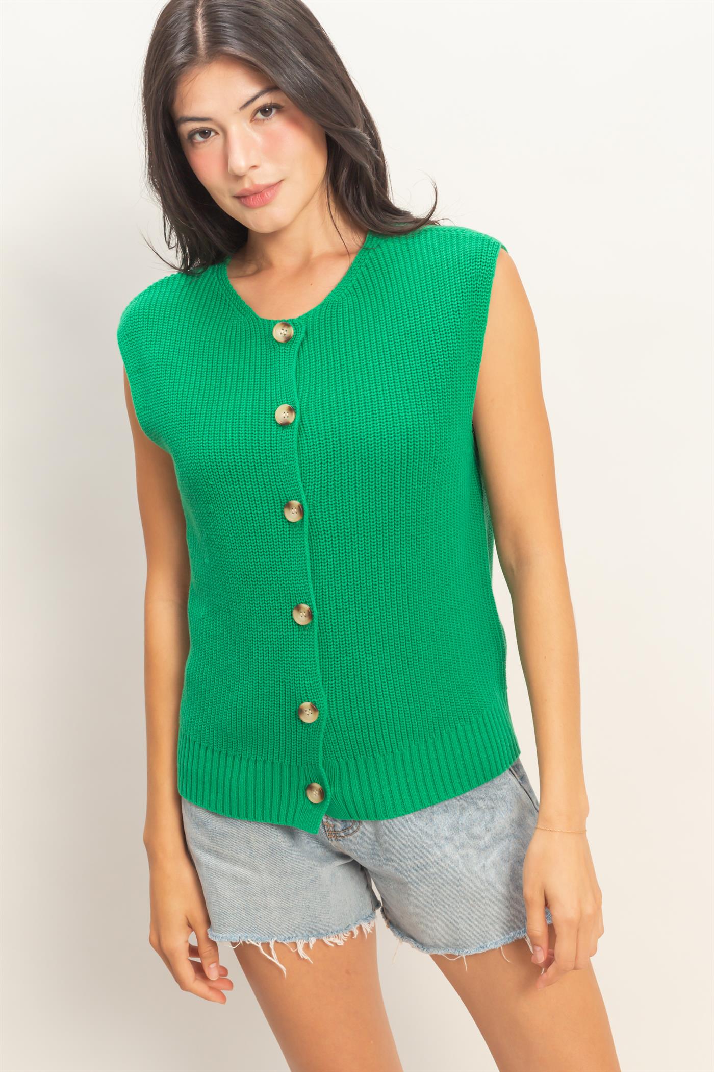 Wholesale Sleeveless Button-Up Ribbed Vest Sweaters DZ26A833 GREEN DOUBLE ZERO