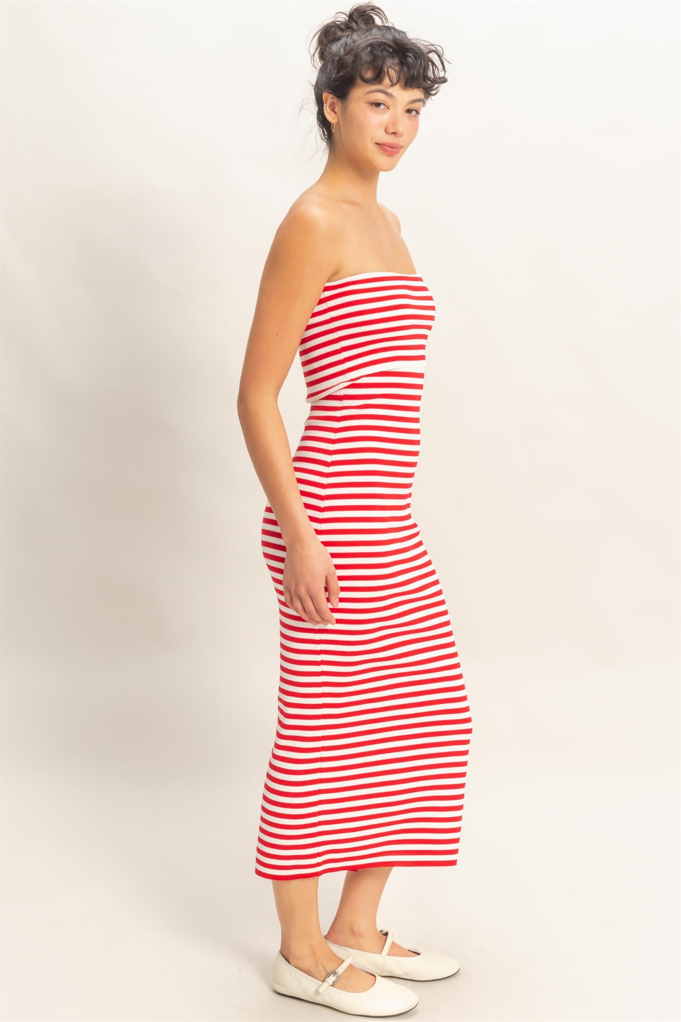 Wholesale Strapless Striped Bodycon Midi Dress Dresses DZ26C336 RED DOUBLE ZERO