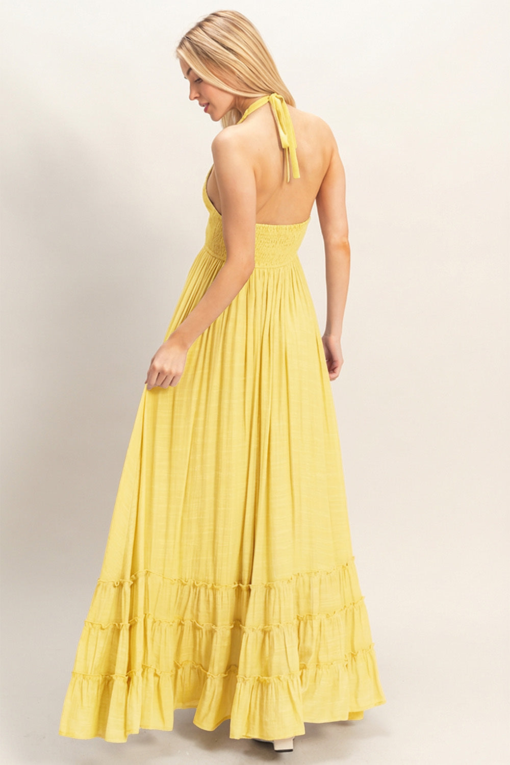 Wholesale Halter Neck Smocked Maxi Dress Dresses HF26C287-D LIGHT YELLOW HYFVE