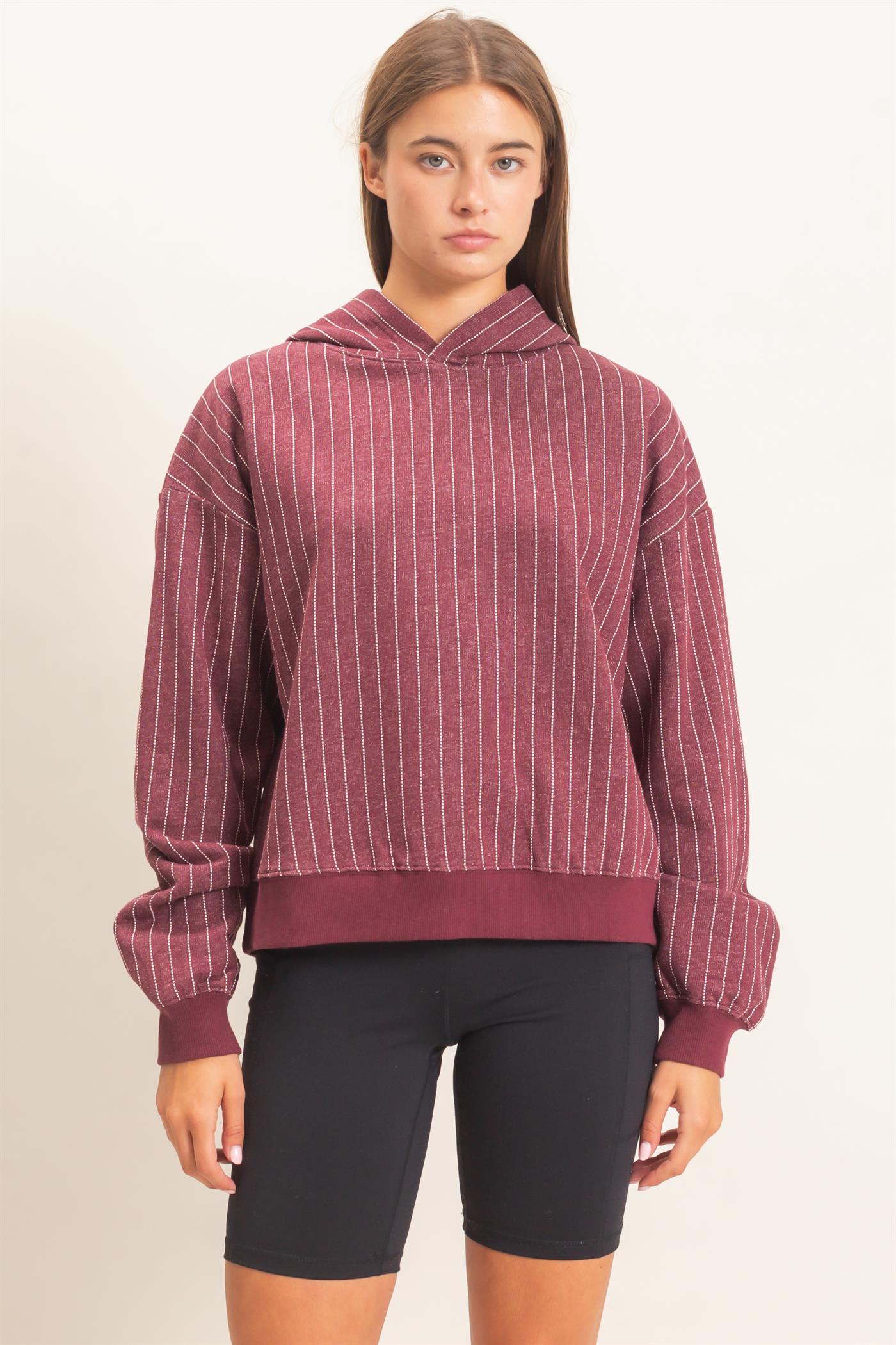 Wholesale Pinstripe French Terry Hoodie Hoodies DZ26E625 DARK CHERRY DOUBLE ZERO