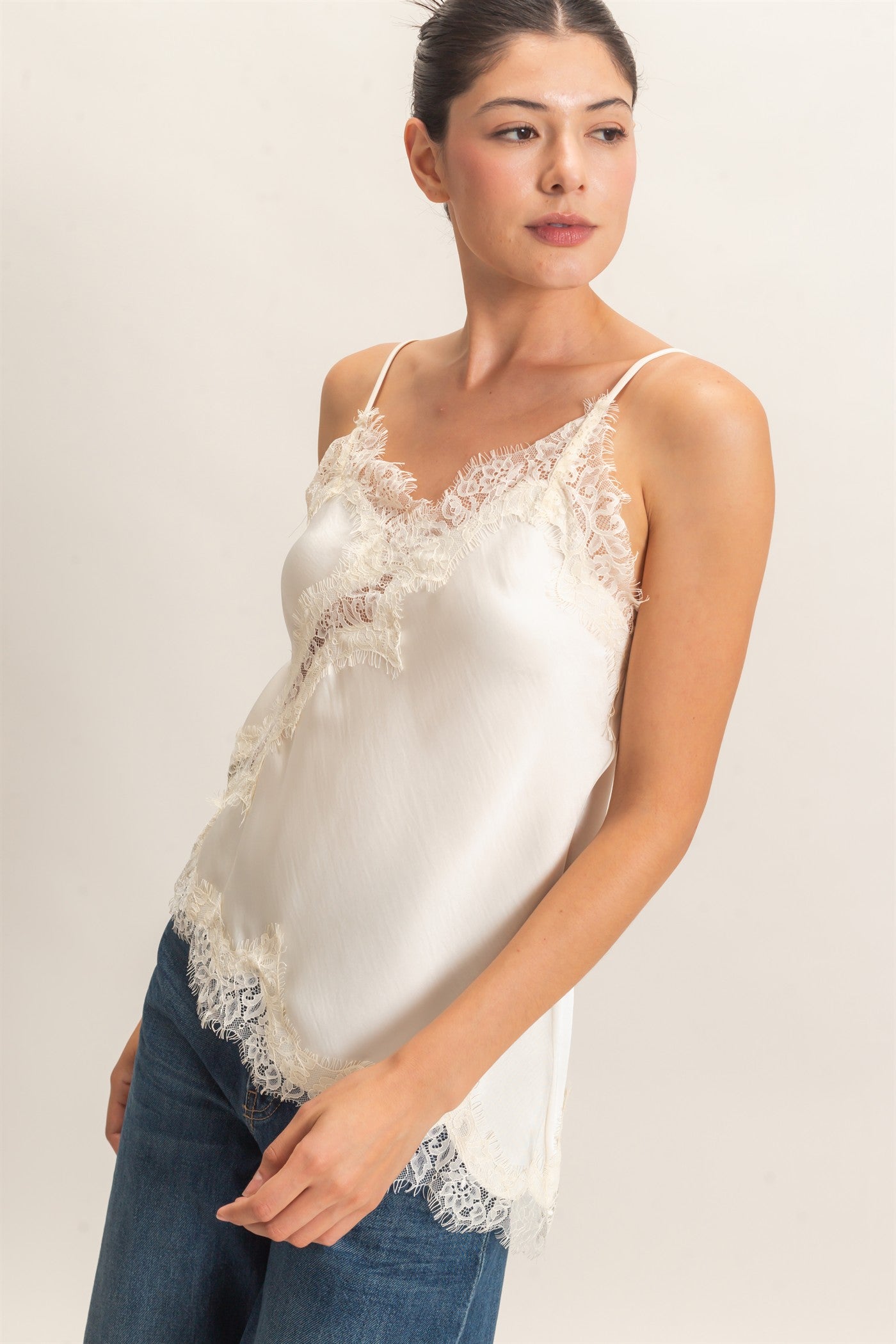 Wholesale Asymmetrical Satin Lace Top Camisoles HF26C945-D CREAM HYFVE