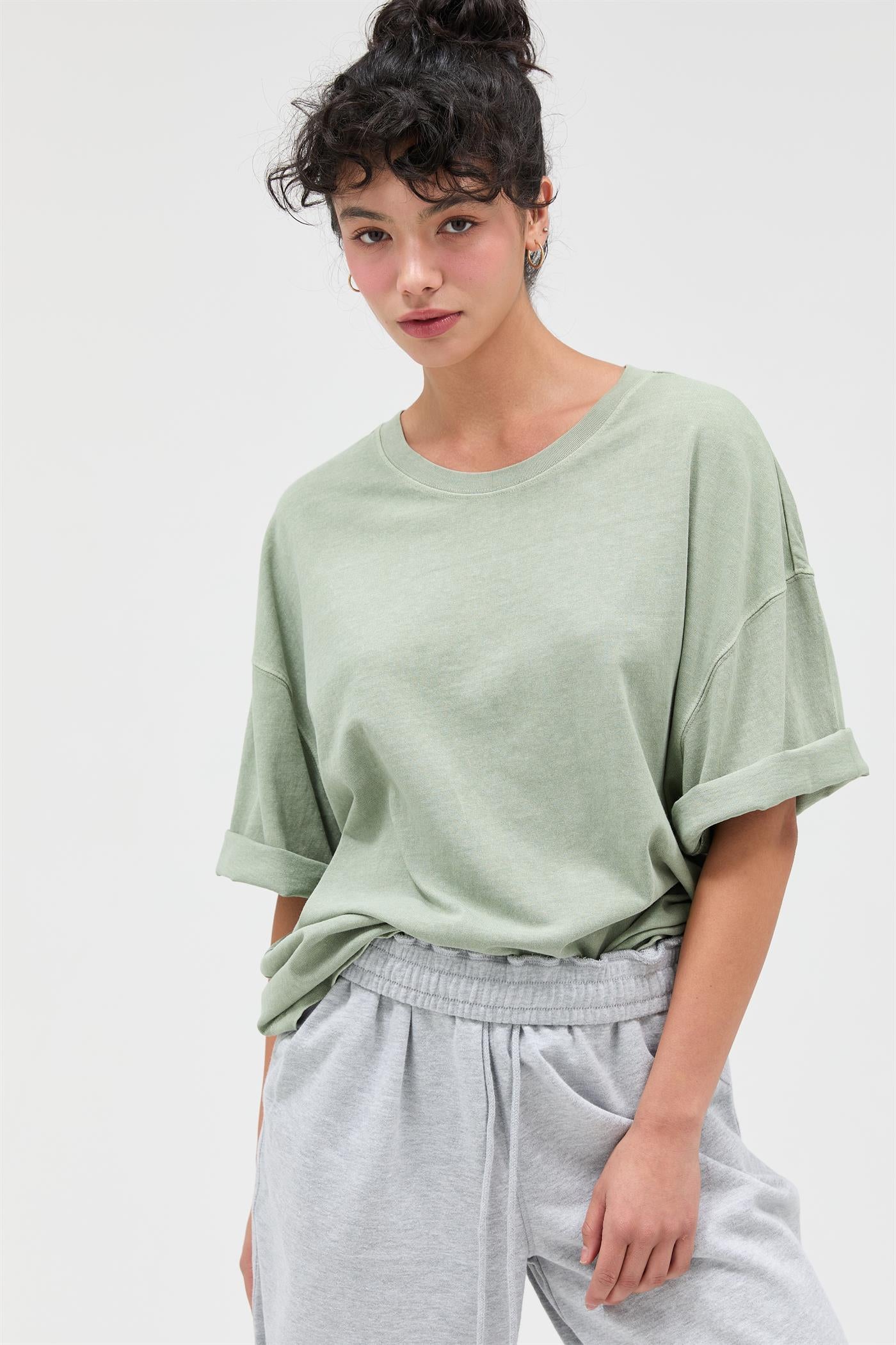 Wholesale Pigment Dye Oversized Half-Sleeve T-Shirt Clothing Tops DZ26A459 SAGE GREEN DOUBLE ZERO