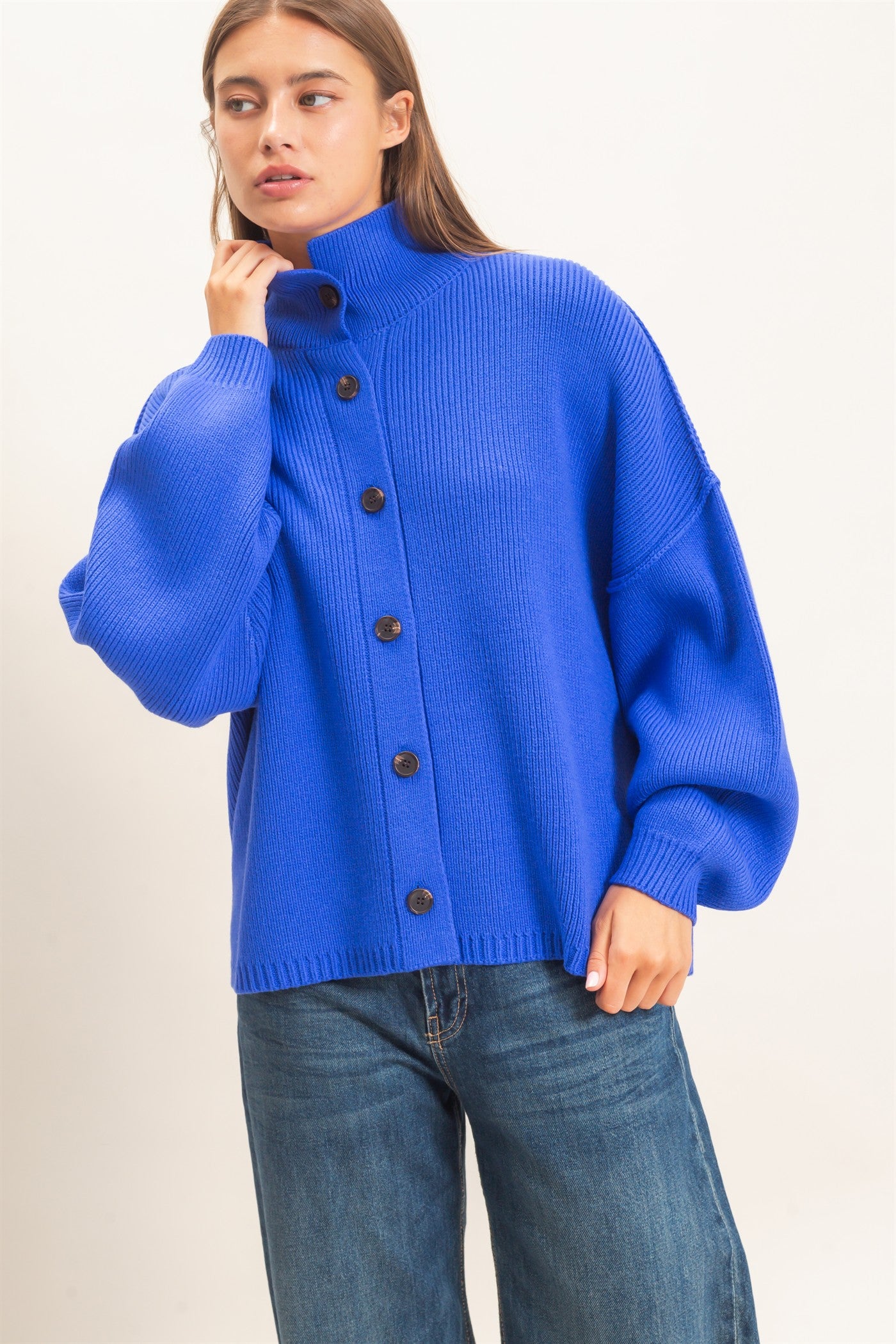 Wholesale High Neck Oversized Cardigan Cardigans DZ26E280 COBALT DOUBLE ZERO