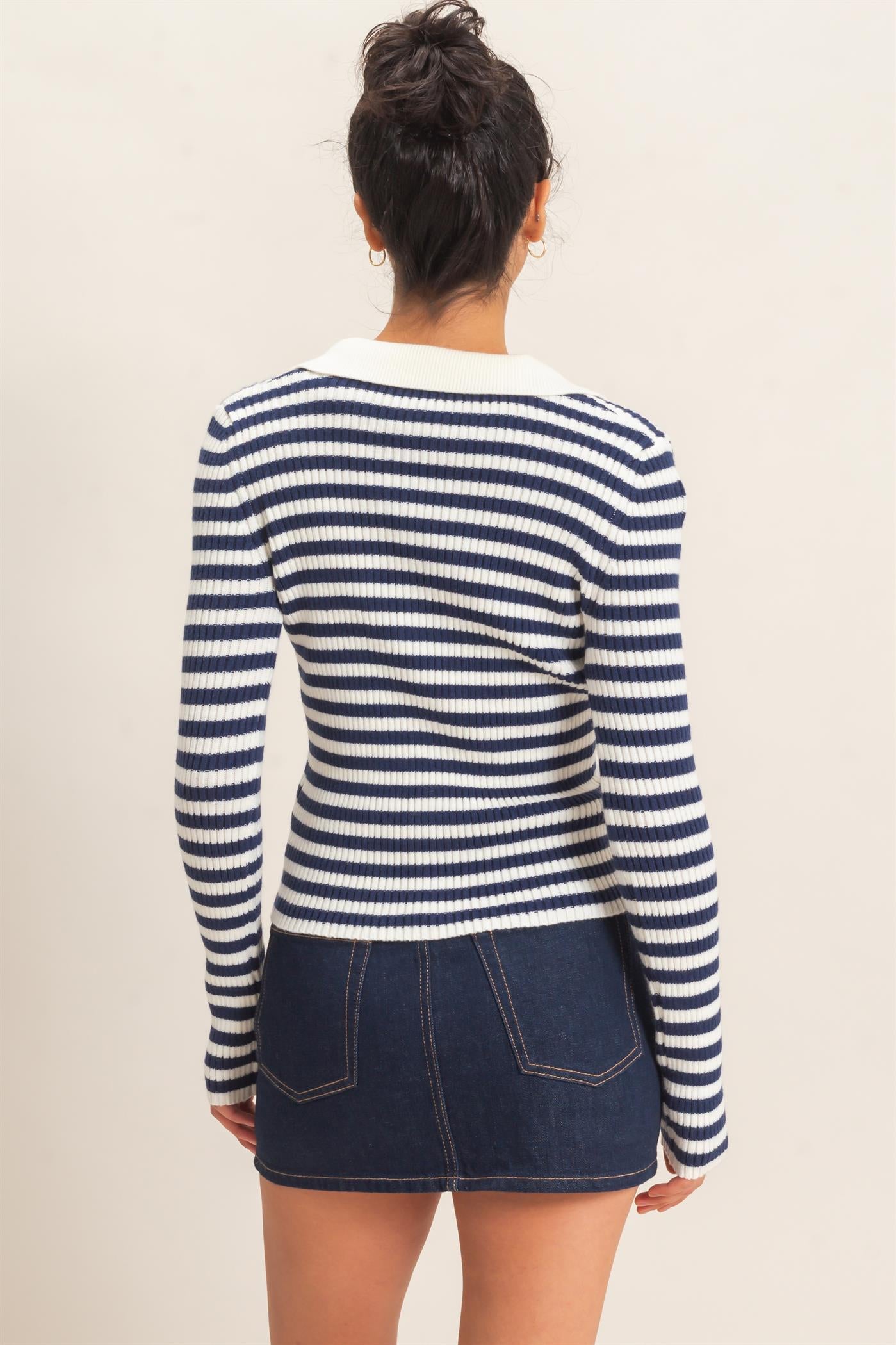 Wholesale Ribbed Striped Polo Knit Top Clothing Tops DZ26E099 NAVY DOUBLE ZERO
