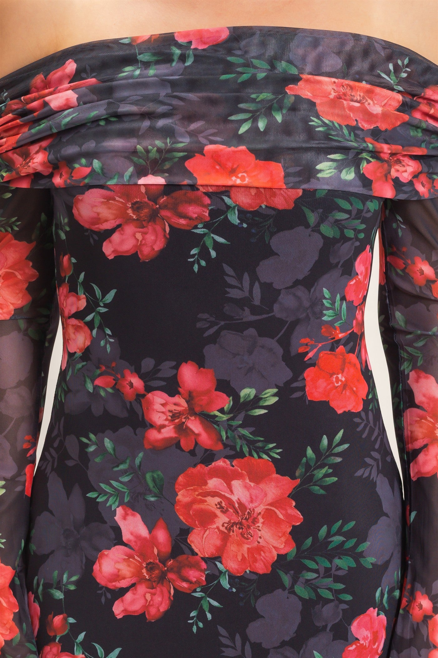 Wholesale Off Shoulder Floral Mesh Dress Dresses HF26E008 BLACK HYFVE
