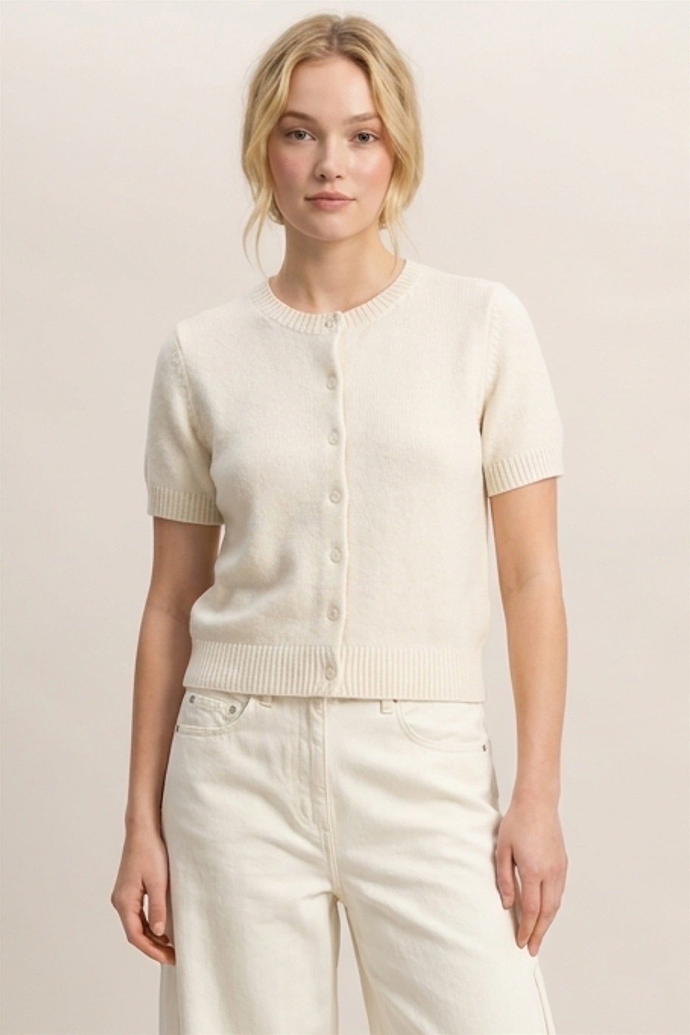 Wholesale Crew Neck Short Sleeve Cardigan Cardigans DZ26E108 WHIP CREAM DOUBLE ZERO