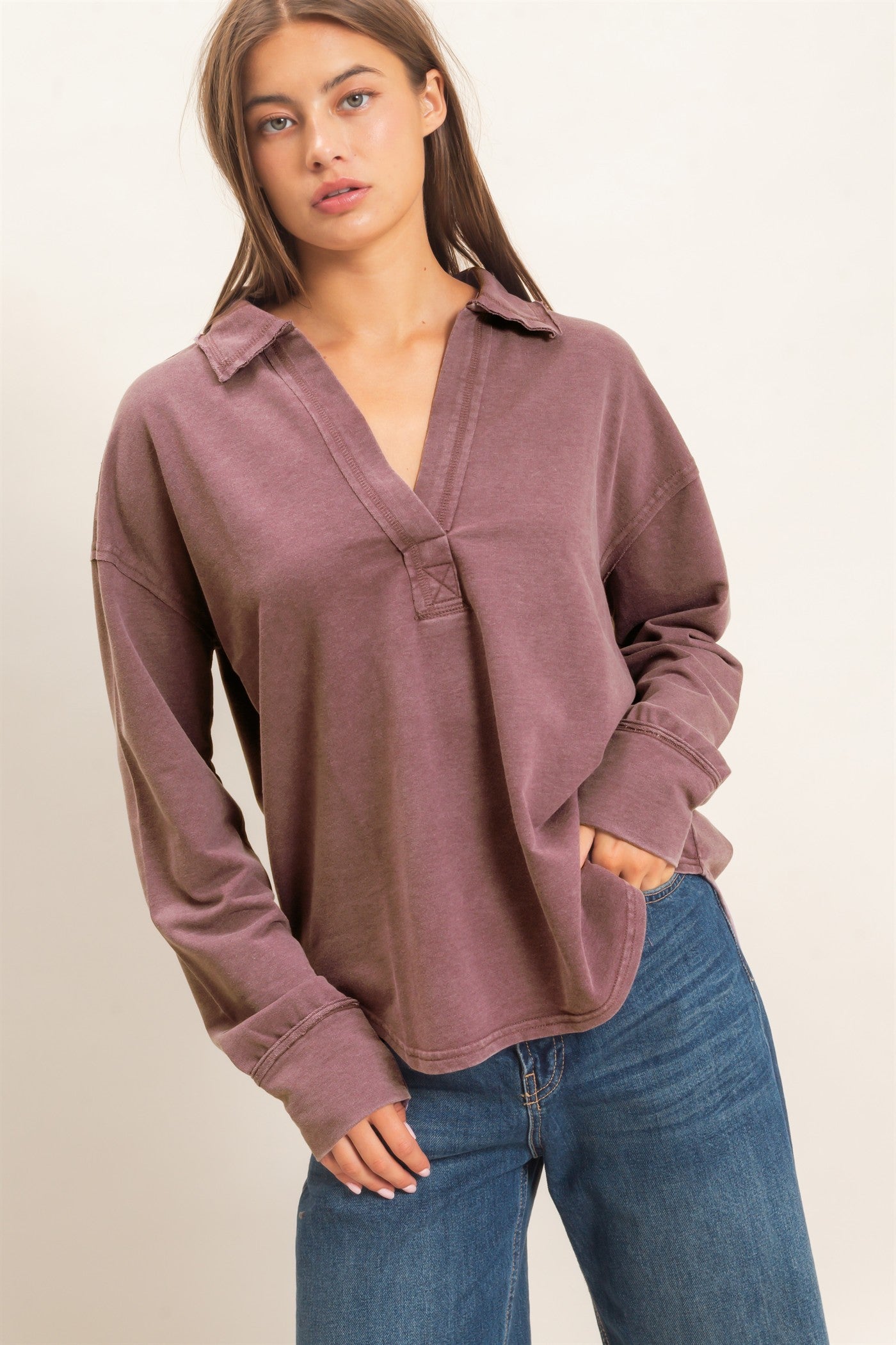 Wholesale Mineral Washed Polo Collar Long Sleeve Top Polos DZ26E887 DARK BROWN DOUBLE ZERO