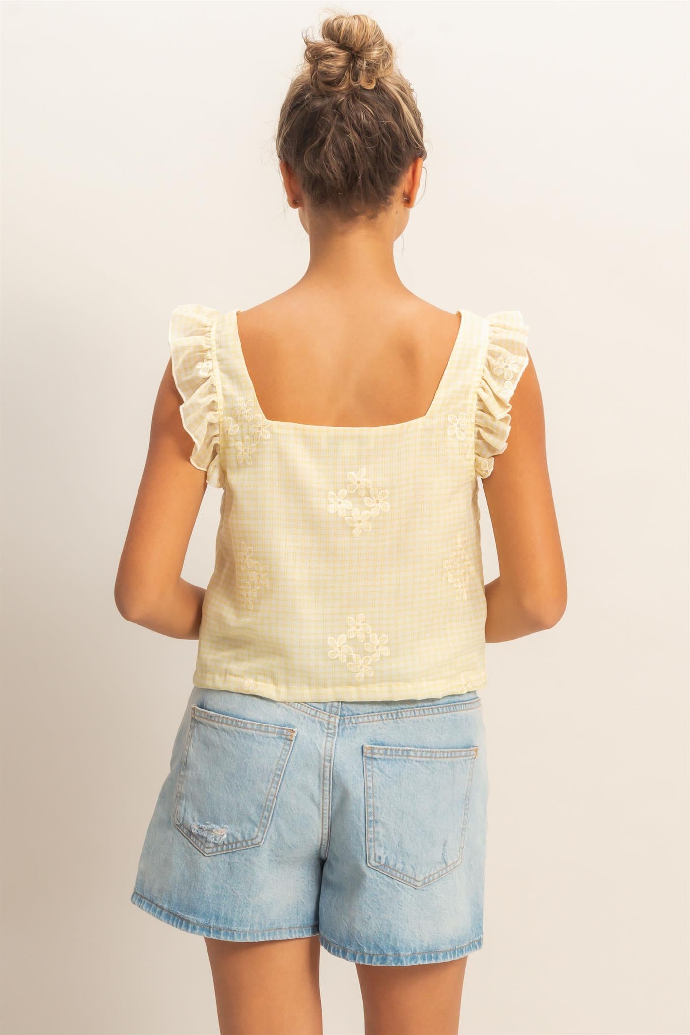 Wholesale Embroidered Gingham Tie Front Top Clothing HF26A501 YELLOW HYFVE