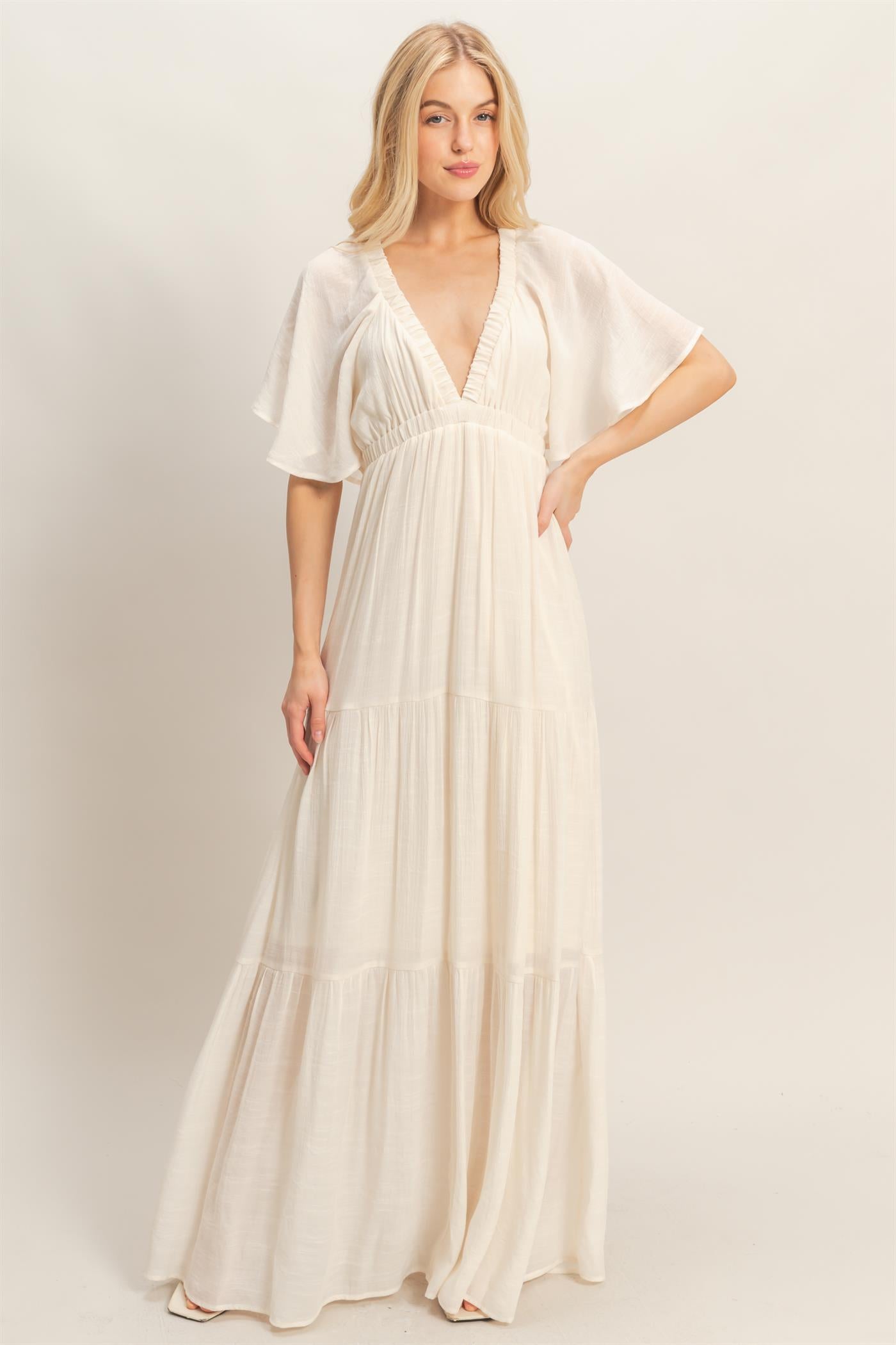 Wholesale Flutter Sleeve Maxi Dress Dresses HF26C285-D CREAM HYFVE