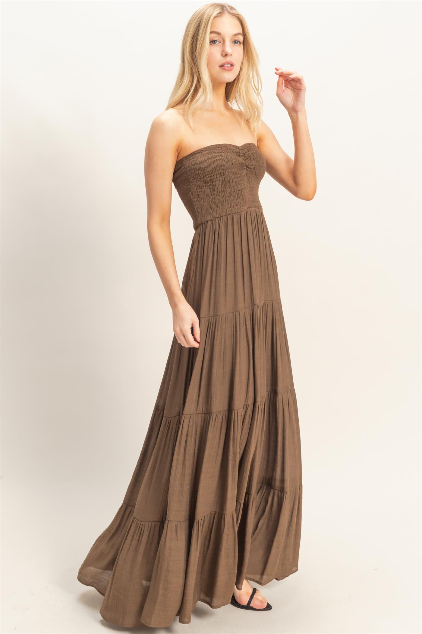 Wholesale Smocked Elastic Neck Maxi Dress Dresses HF26C284-D CHOCOLATE HYFVE