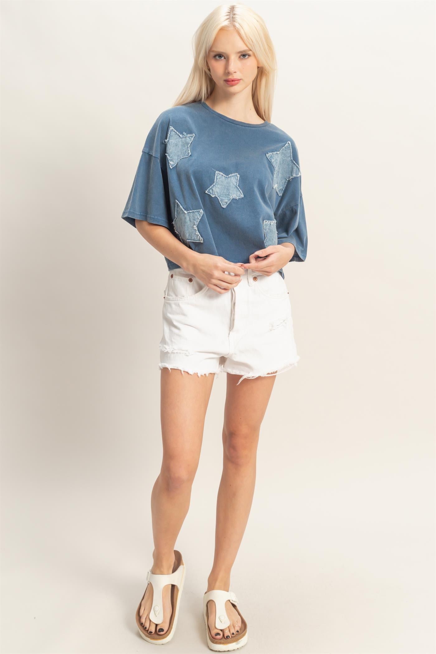 Wholesale Raw Edge Star Patch Top Clothing Tops DZ26C616 NAVY DOUBLE ZERO