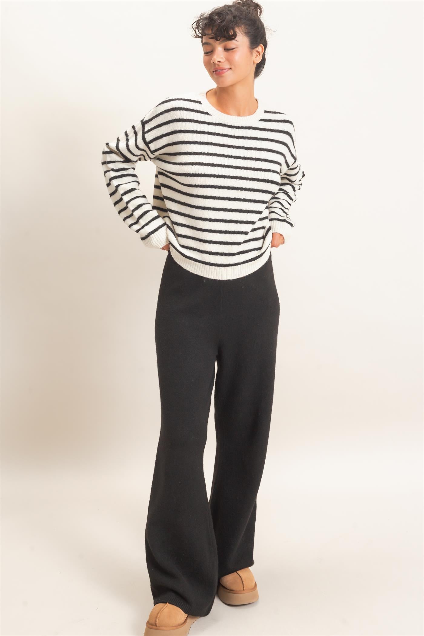 Wholesale Striped Crew Neck Sweater Sweaters DZ26C612 CREAM DOUBLE ZERO