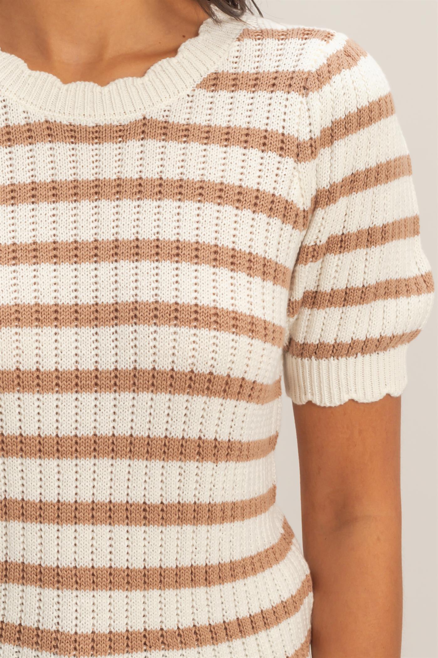 Wholesale Striped Scallop Edge Puff Sleeve Knit Top Shirts DZ26A284 TAUPE DOUBLE ZERO